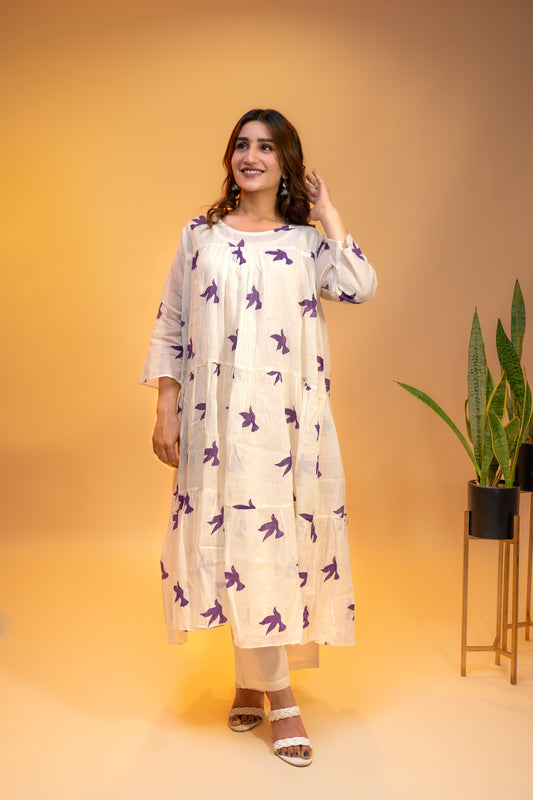 Off-White Floral Printed Kurta  Set in Soft Mul Cotton