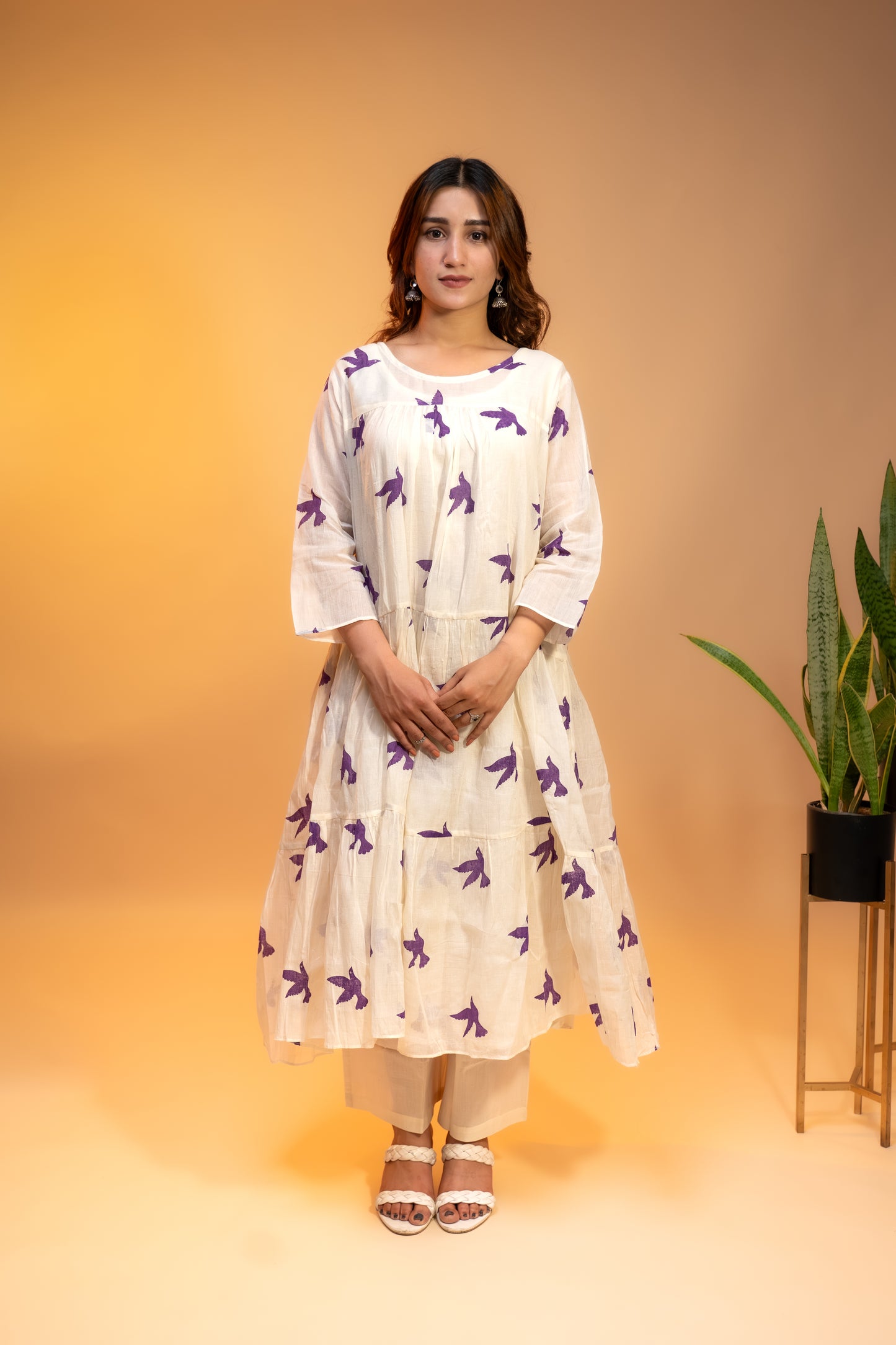 Off-White Floral Printed Kurta  Set in Soft Mul Cotton