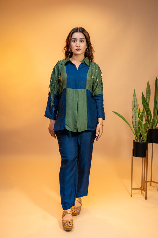 Olive and Navy Blue Crepe  Silk Coord Set