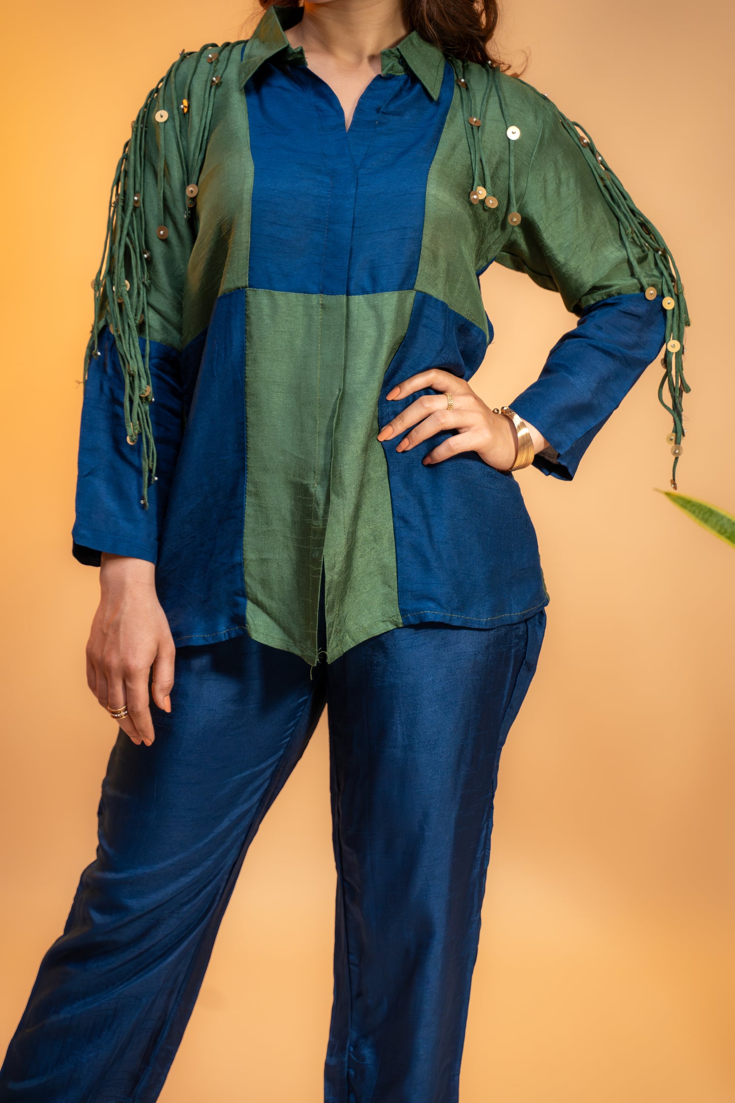 Olive and Navy Blue Crepe  Silk Coord Set