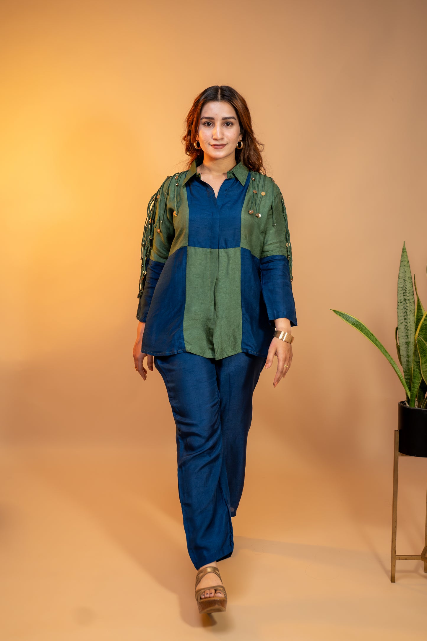 Olive and Navy Blue Crepe  Silk Coord Set