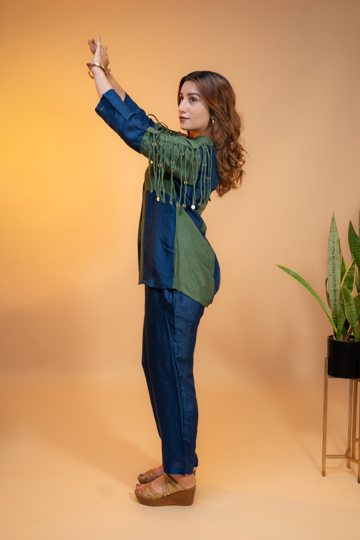Olive and Navy Blue Crepe  Silk Coord Set
