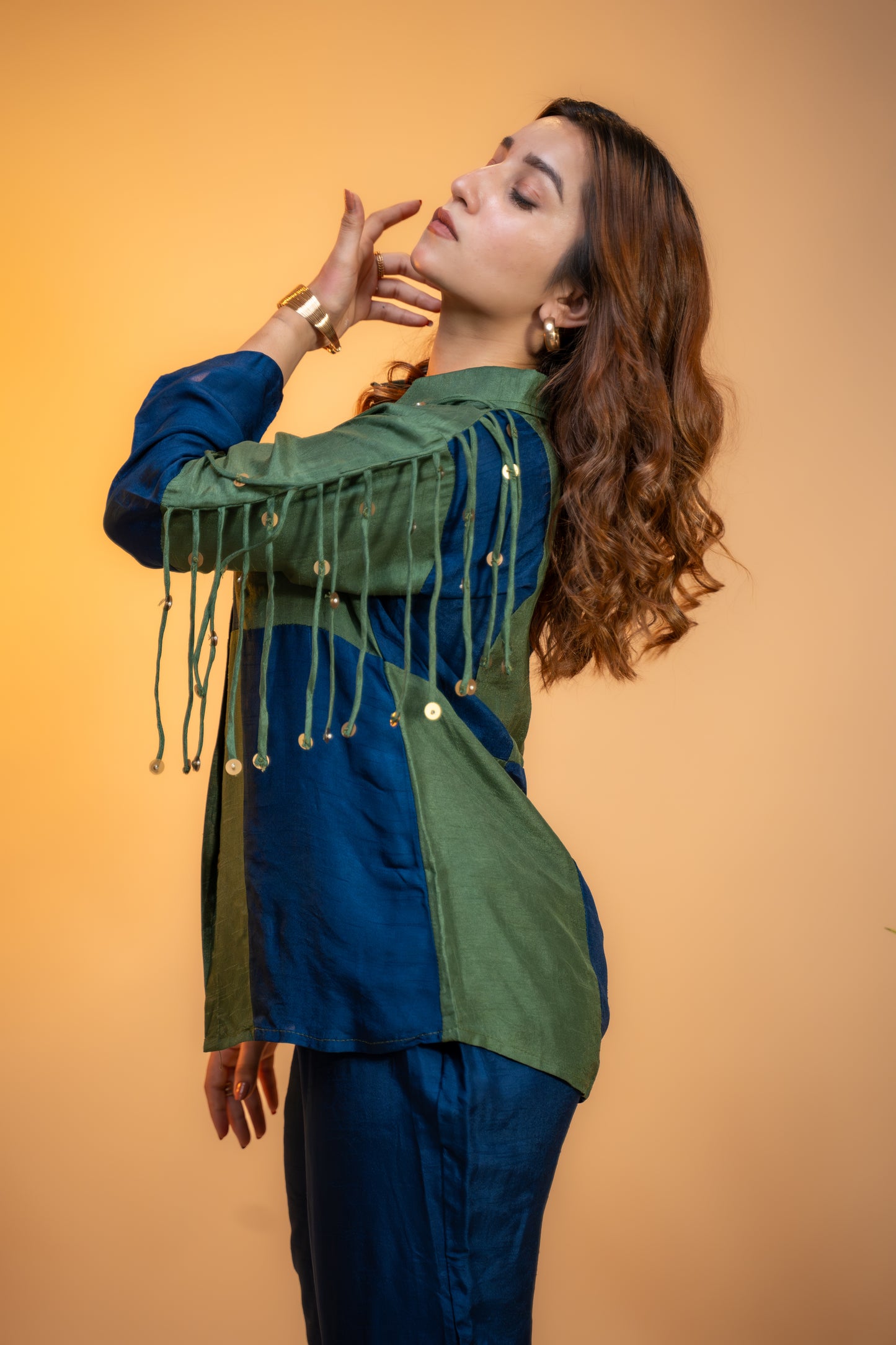 Olive and Navy Blue Crepe  Silk Coord Set