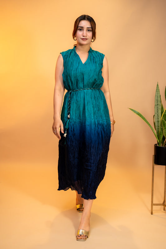 Teal to Navy Blue Ombre  Dress with Sleeves in Crushed Silk Cotton