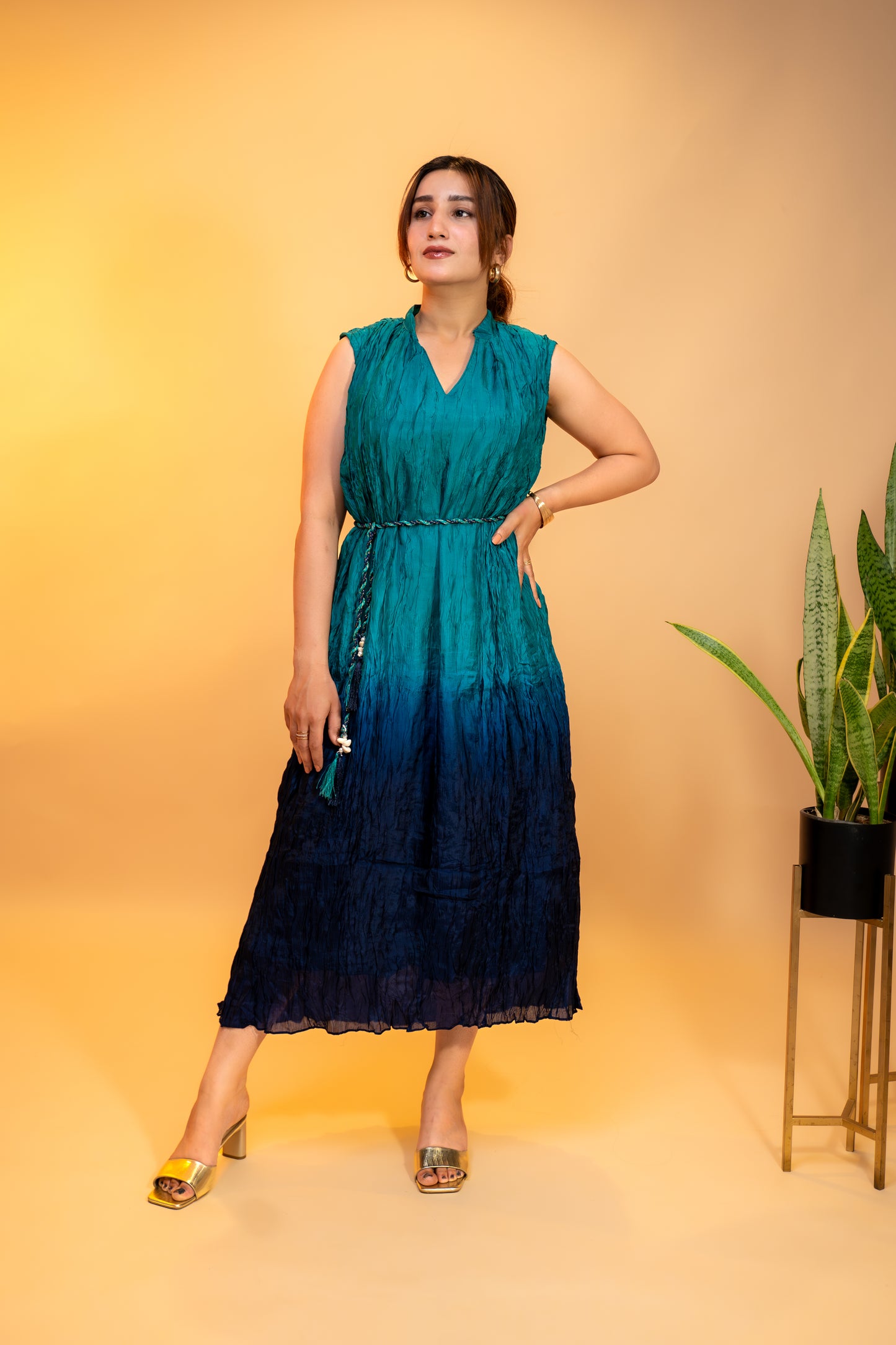 Teal to Navy Blue Ombre  Dress with Sleeves in Crushed Silk Cotton