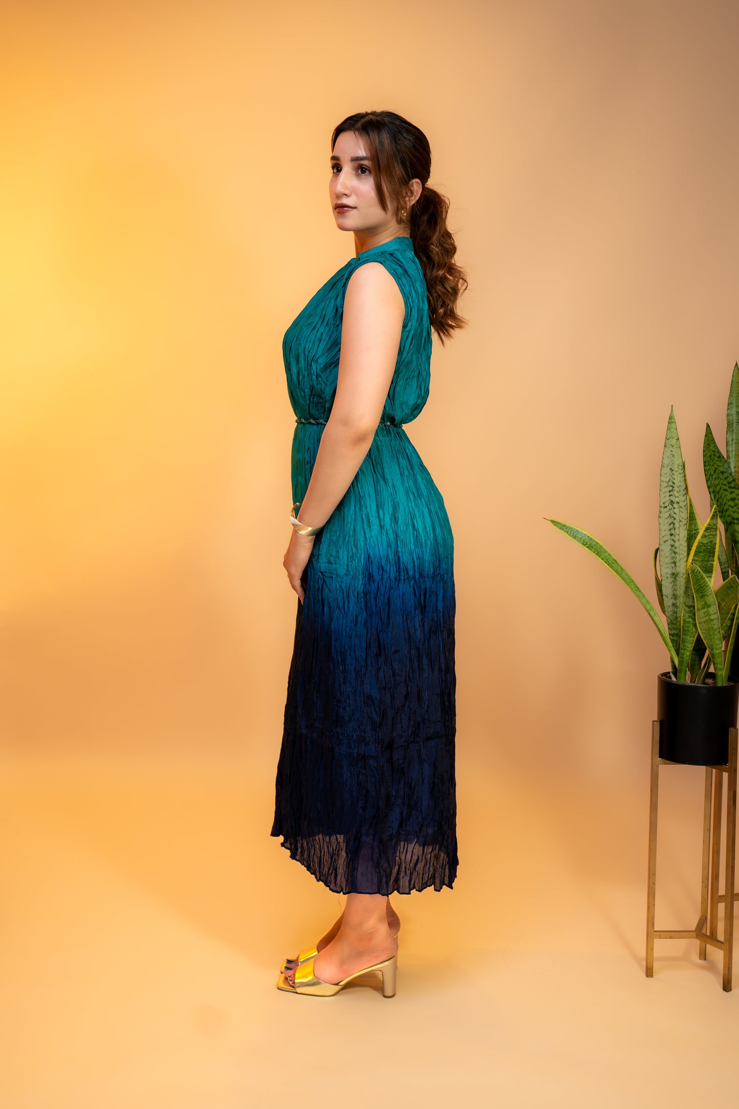 Teal to Navy Blue Ombre  Dress with Sleeves in Crushed Silk Cotton