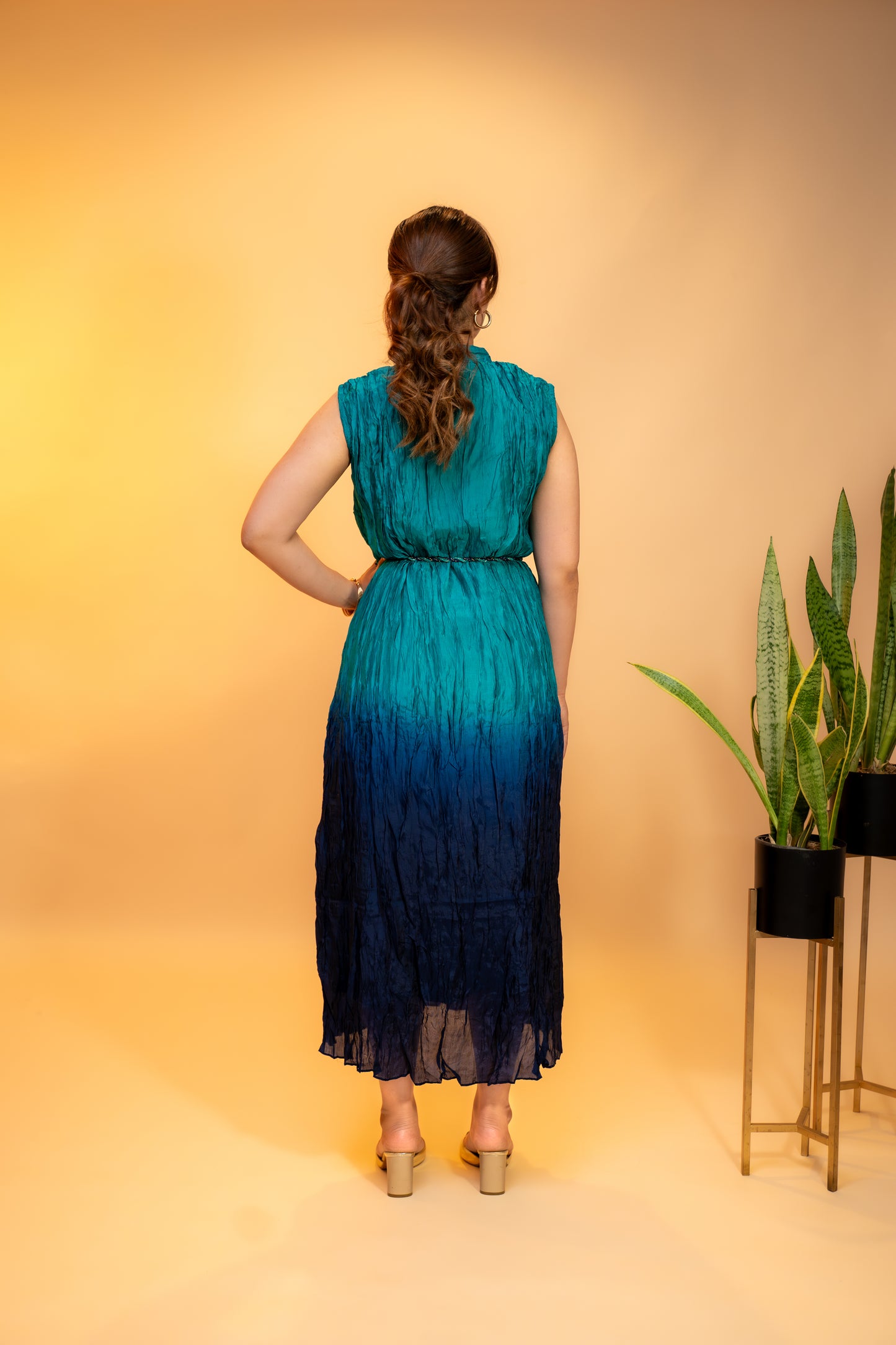 Teal to Navy Blue Ombre  Dress with Sleeves in Crushed Silk Cotton
