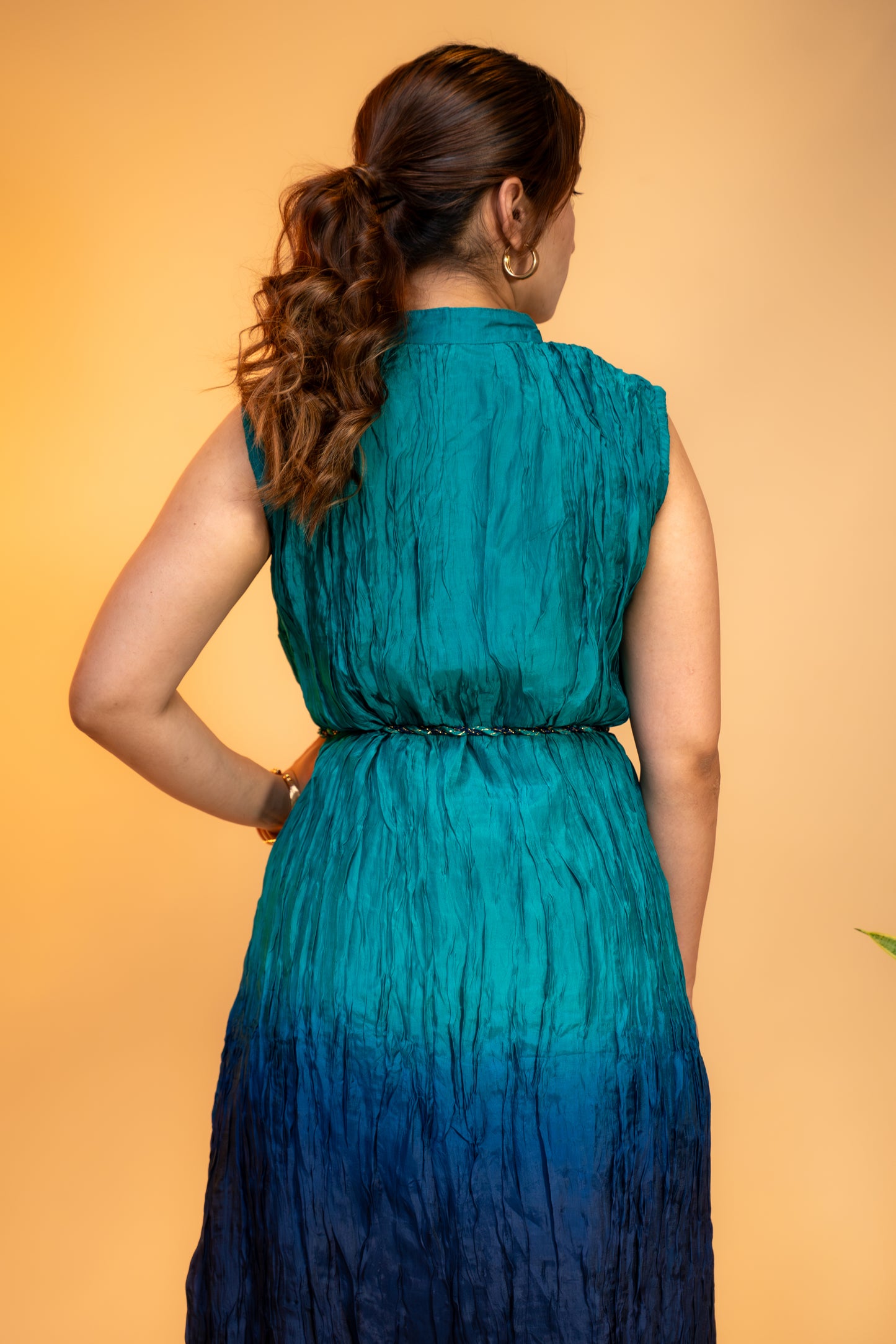 Teal to Navy Blue Ombre  Dress with Sleeves in Crushed Silk Cotton