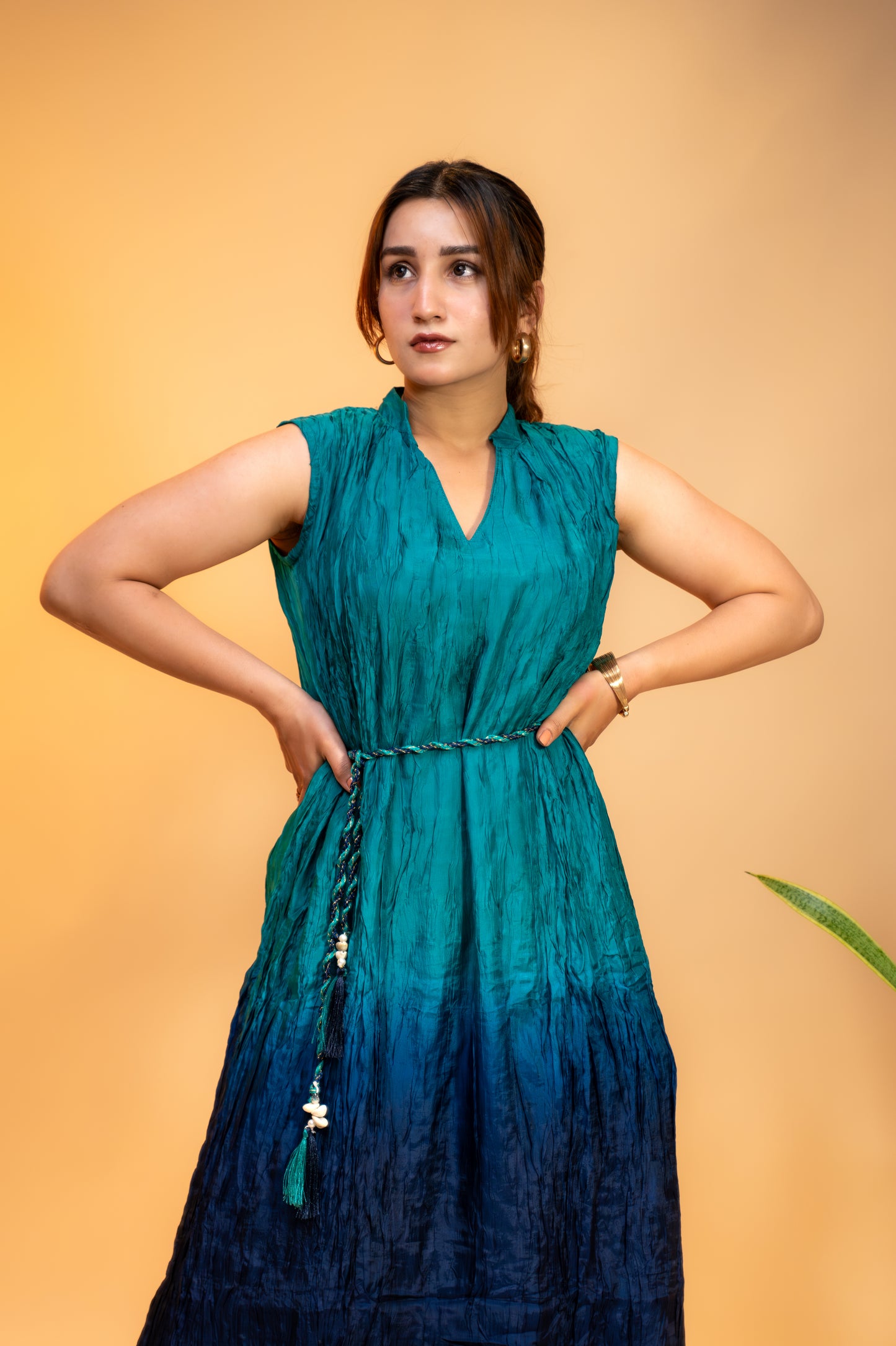 Teal to Navy Blue Ombre  Dress with Sleeves in Crushed Silk Cotton