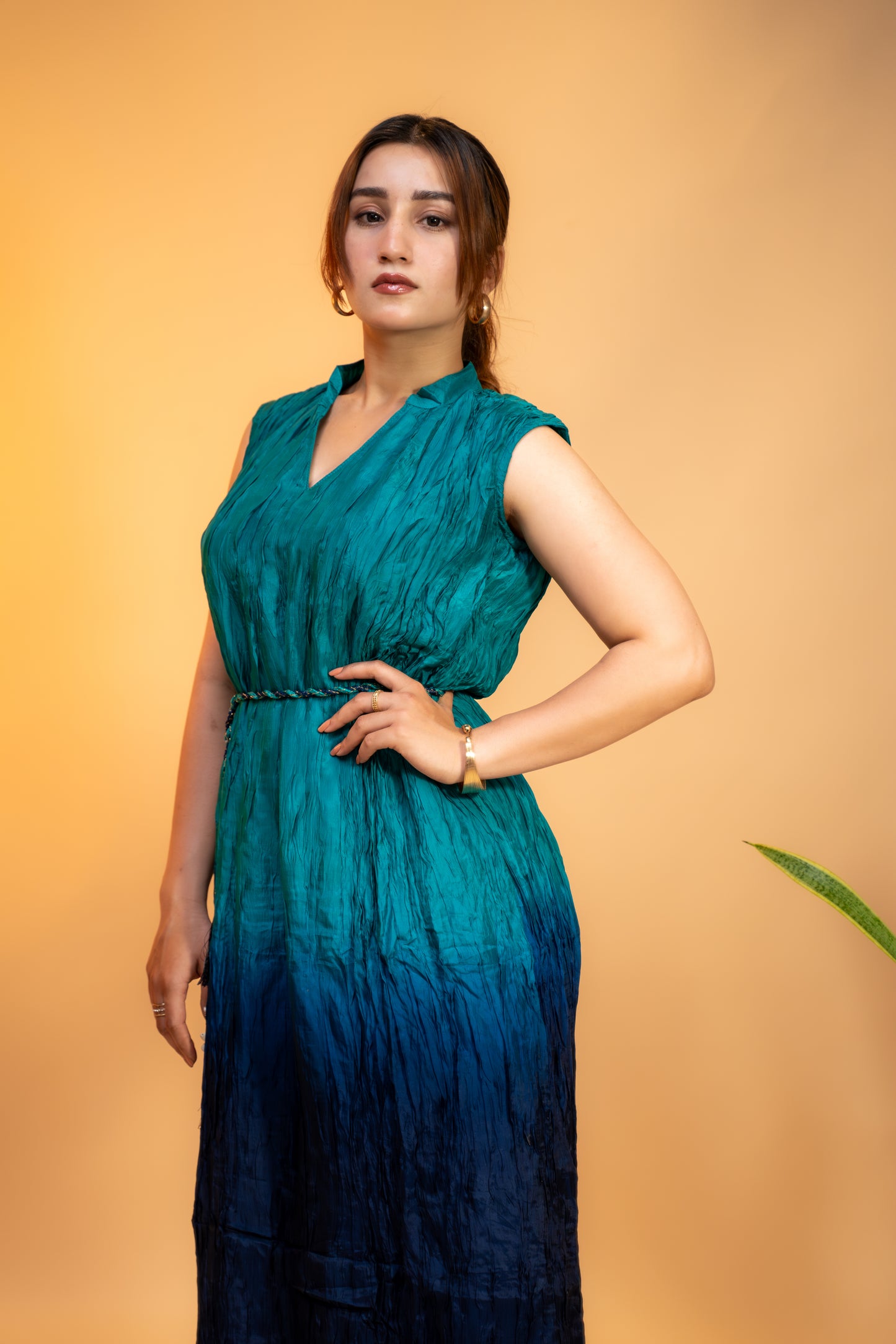 Teal to Navy Blue Ombre  Dress with Sleeves in Crushed Silk Cotton