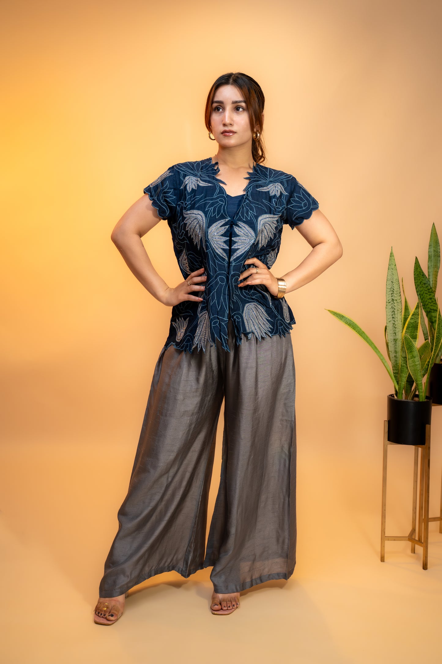 Navy Blue Cut Work  Embroidered Jacket Set in Crepe Silk