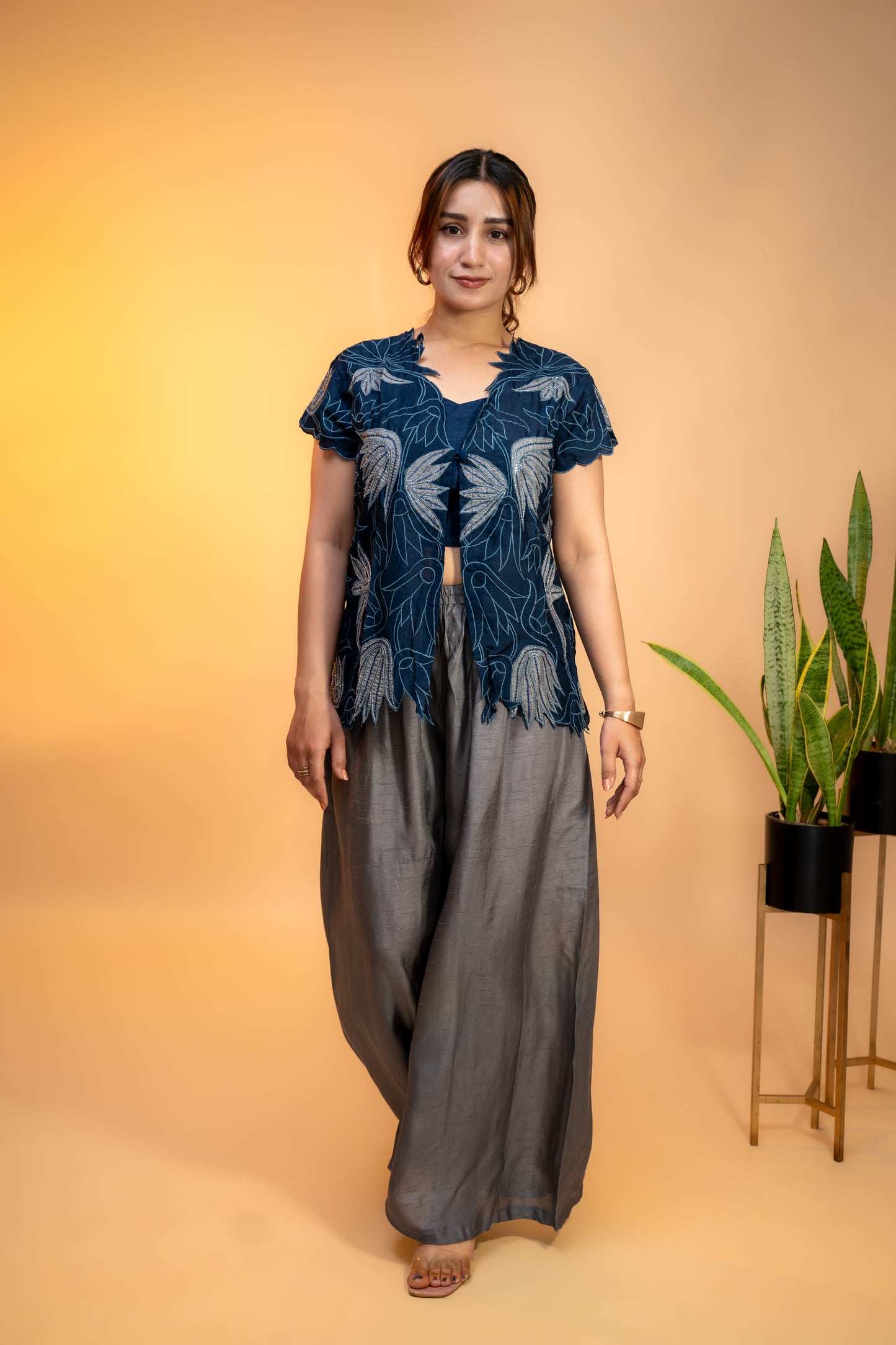 Navy Blue Cut Work  Embroidered Jacket Set in Crepe Silk