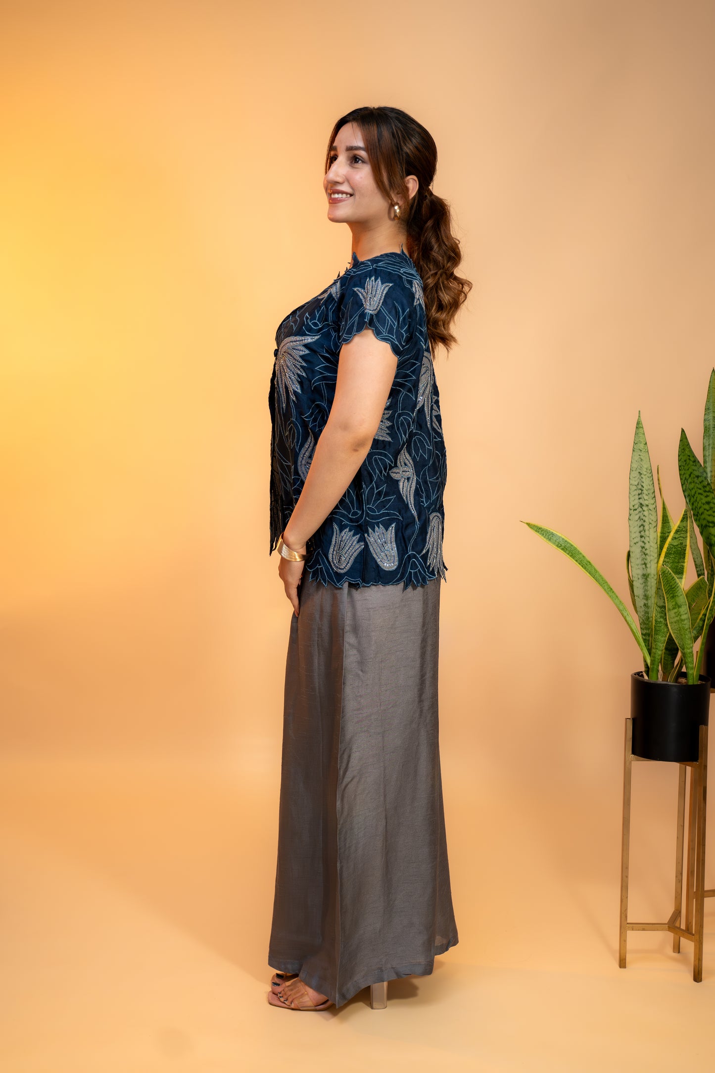 Navy Blue Cut Work  Embroidered Jacket Set in Crepe Silk