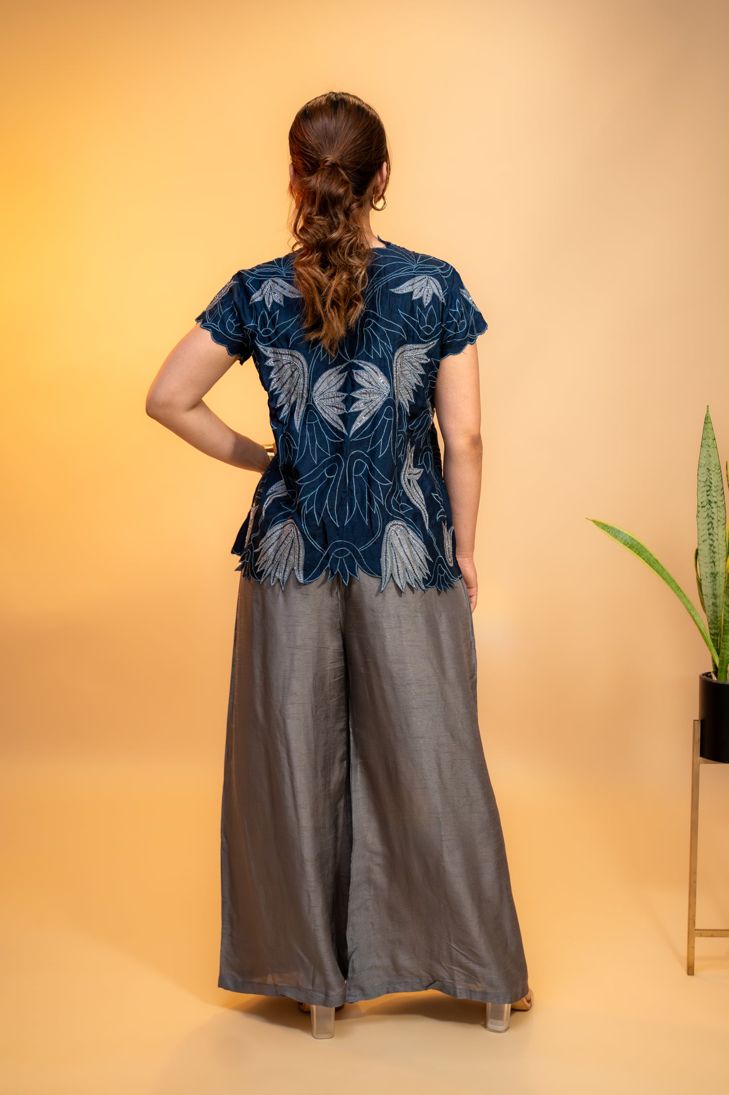 Navy Blue Cut Work  Embroidered Jacket Set in Crepe Silk