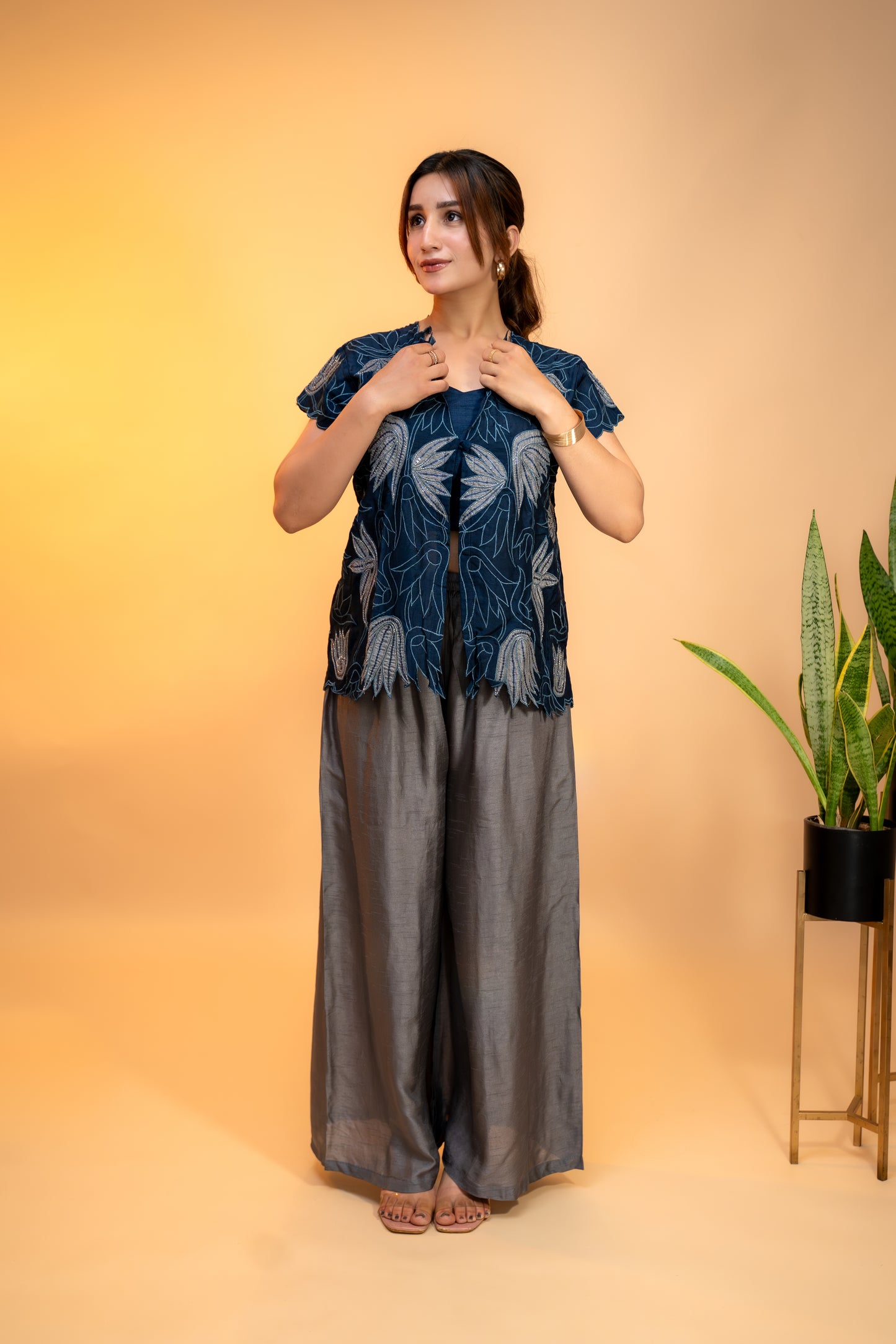 Navy Blue Cut Work  Embroidered Jacket Set in Crepe Silk