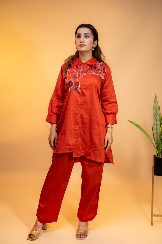 Red Lurex Cotton Kurti Set with Embroidery