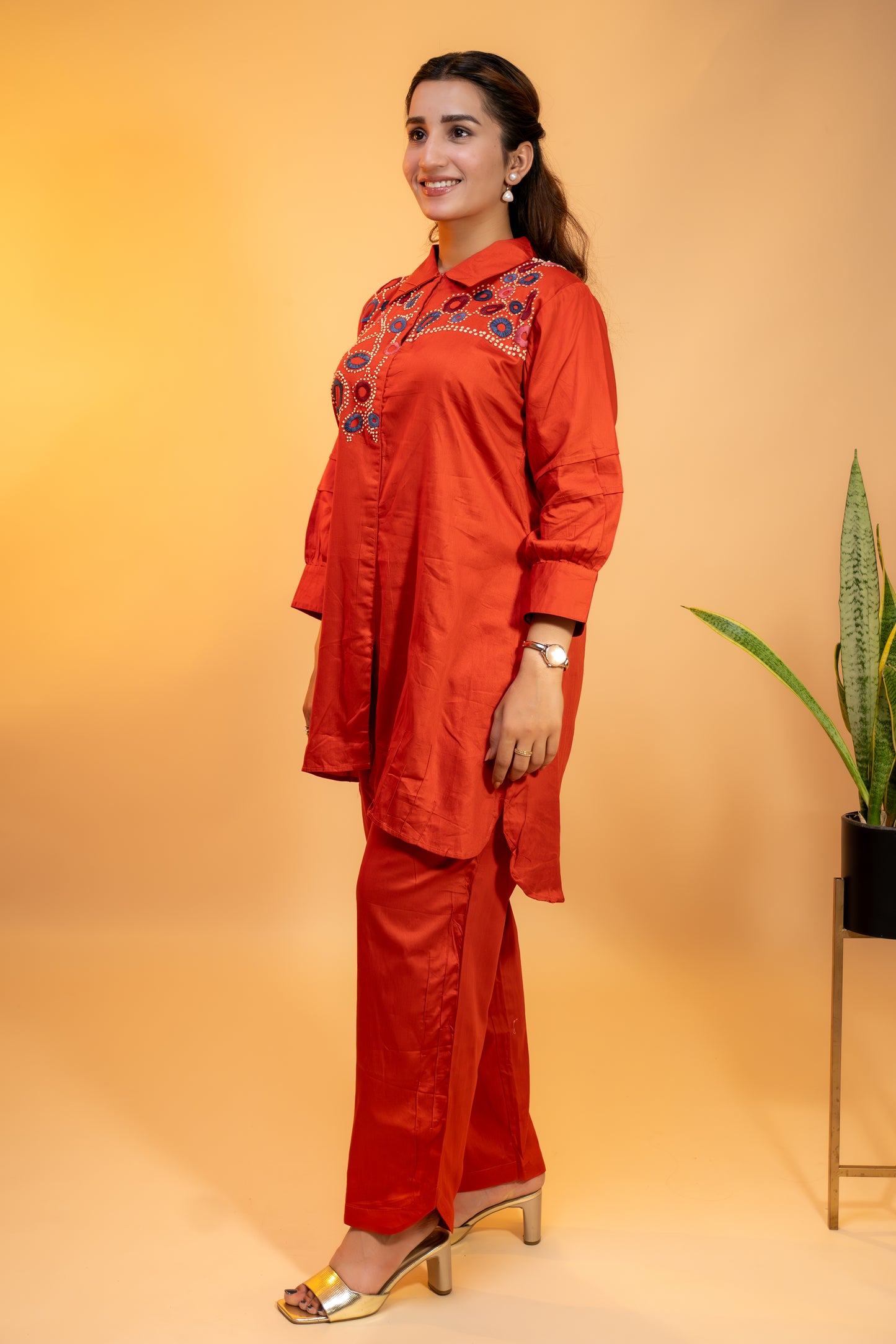 Red Lurex Cotton Kurti Set with Embroidery