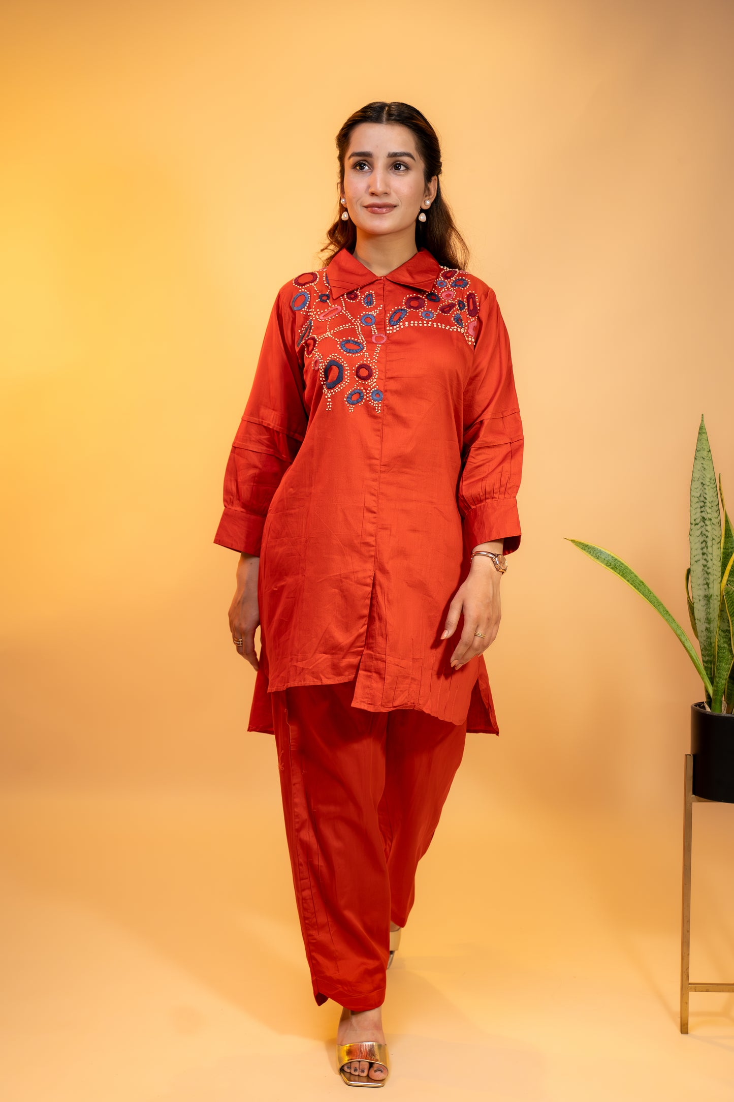 Red Lurex Cotton Kurti Set with Embroidery