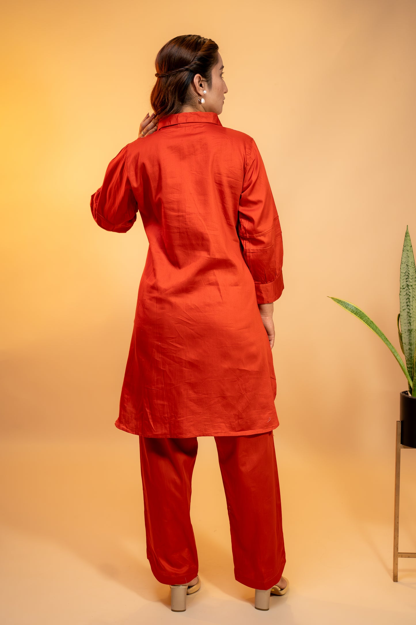 Red Lurex Cotton Kurti Set with Embroidery