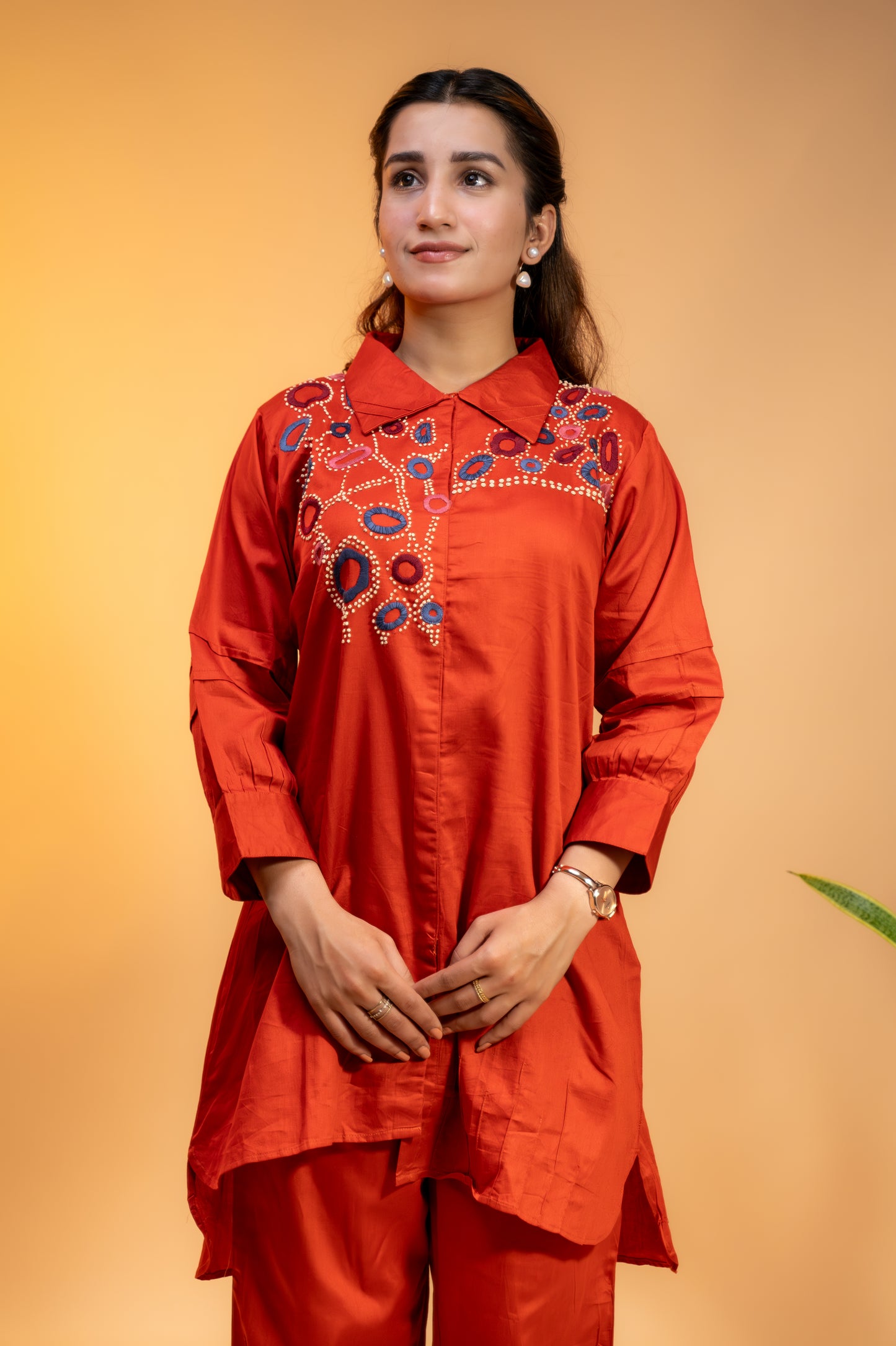 Red Lurex Cotton Kurti Set with Embroidery