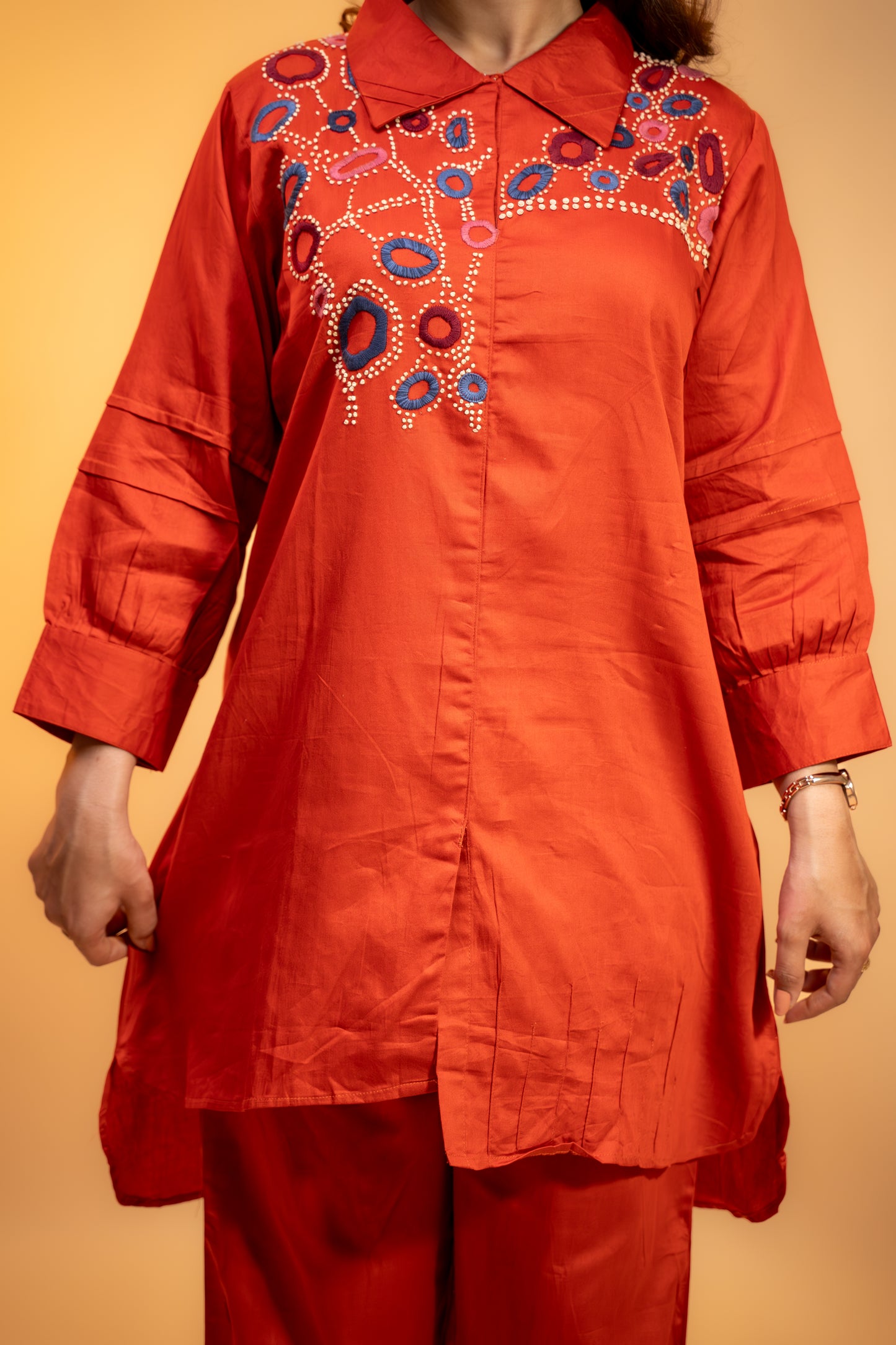 Red Lurex Cotton Kurti Set with Embroidery