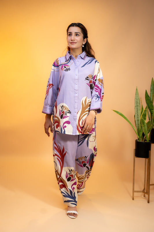 Lavender Floral Print Coord  Set in Linen Cotton