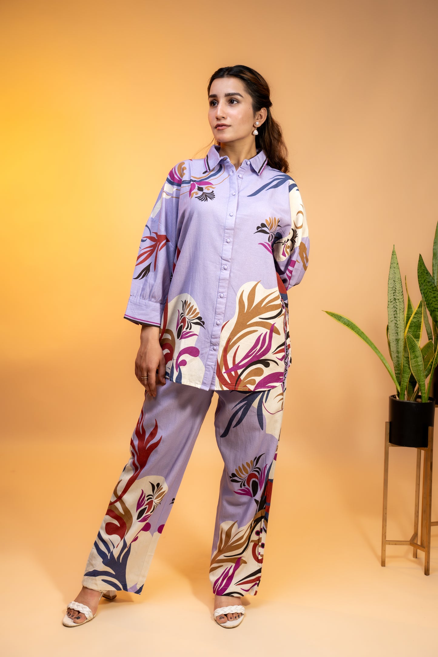 Lavender Floral Print Coord  Set in Linen Cotton