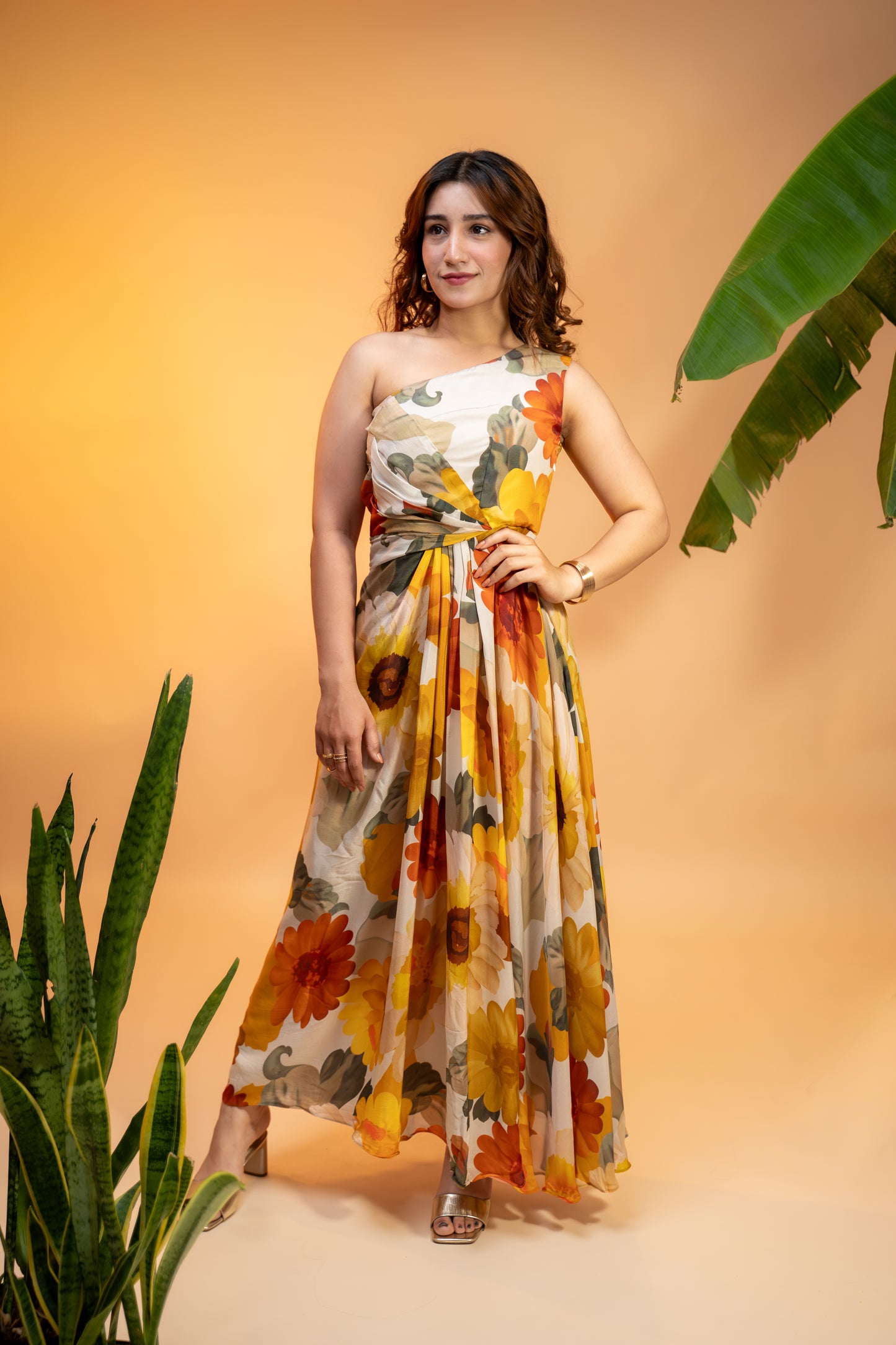 Floral One-Shoulder Dress in Pure Georgette with Neckpiece