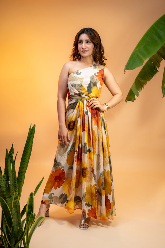 Floral One-Shoulder Dress in Pure Georgette with Neckpiece