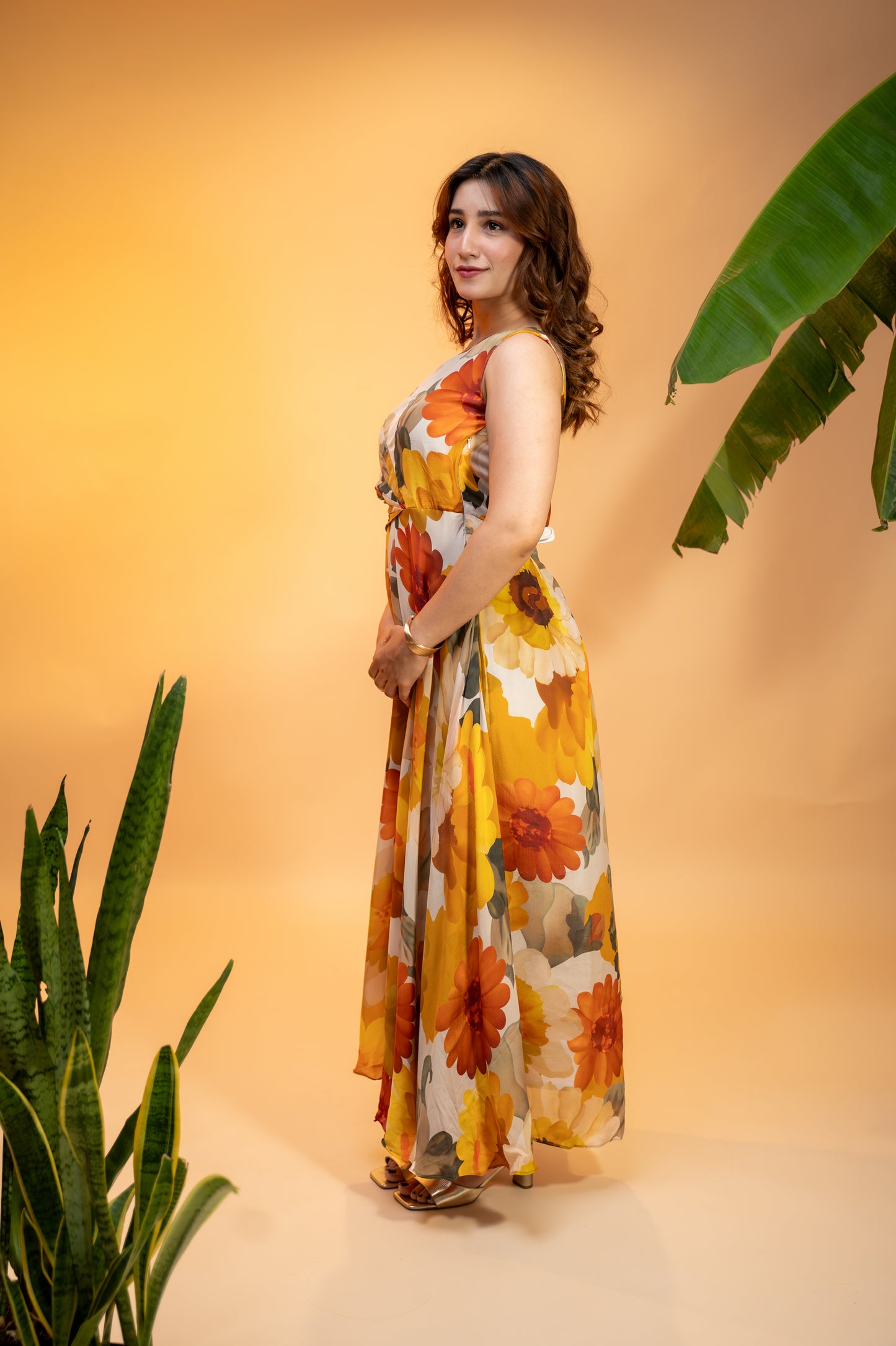 Floral One-Shoulder Dress in Pure Georgette with Neckpiece