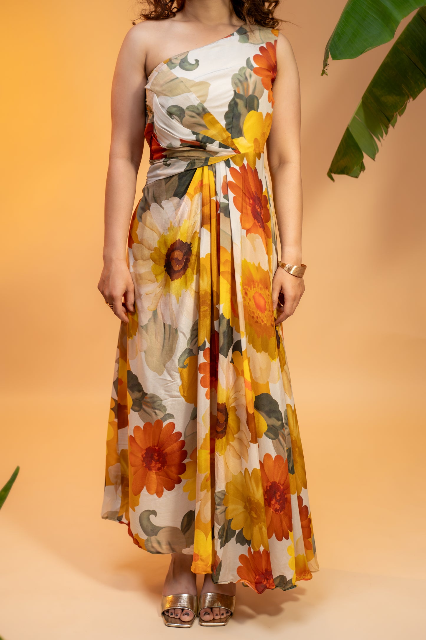 Floral One-Shoulder Dress in Pure Georgette with Neckpiece