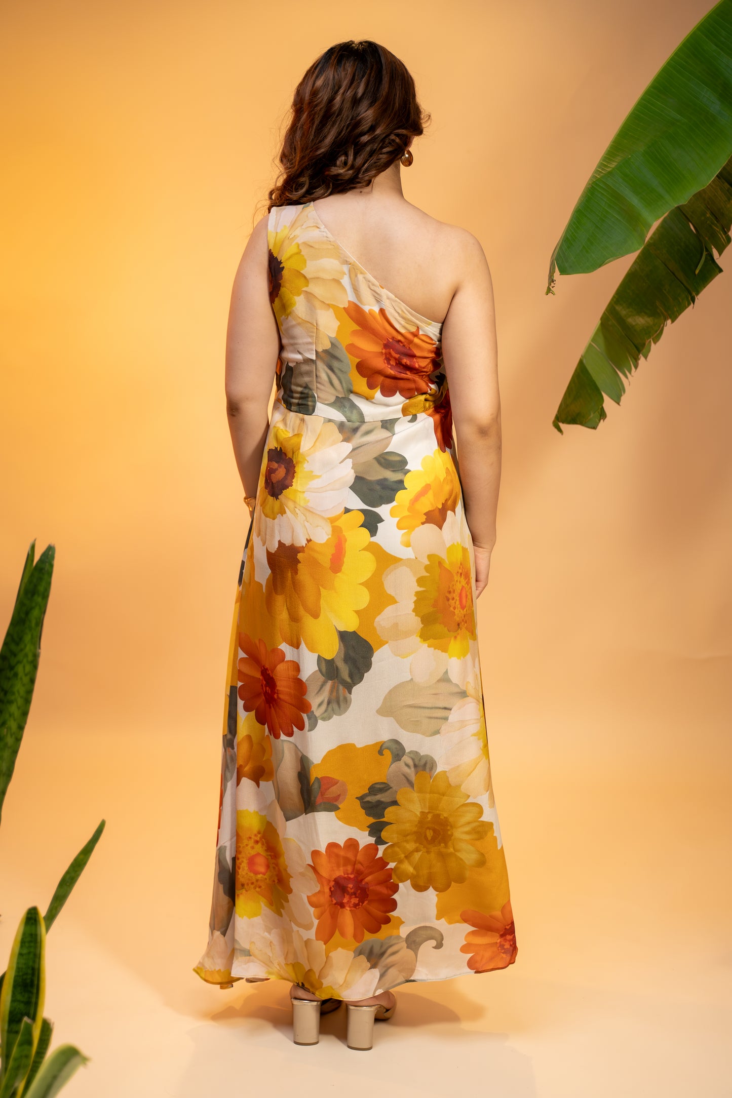 Floral One-Shoulder Dress in Pure Georgette with Neckpiece