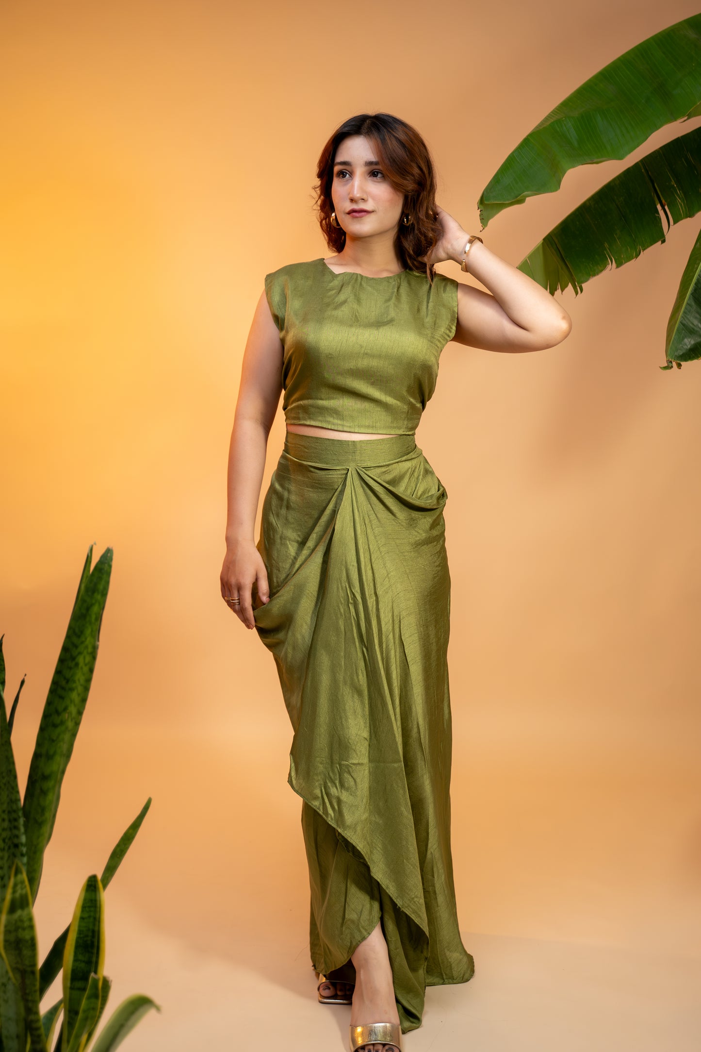 Olive Bloom Drape Set – Georgette Top & Silk Skirt