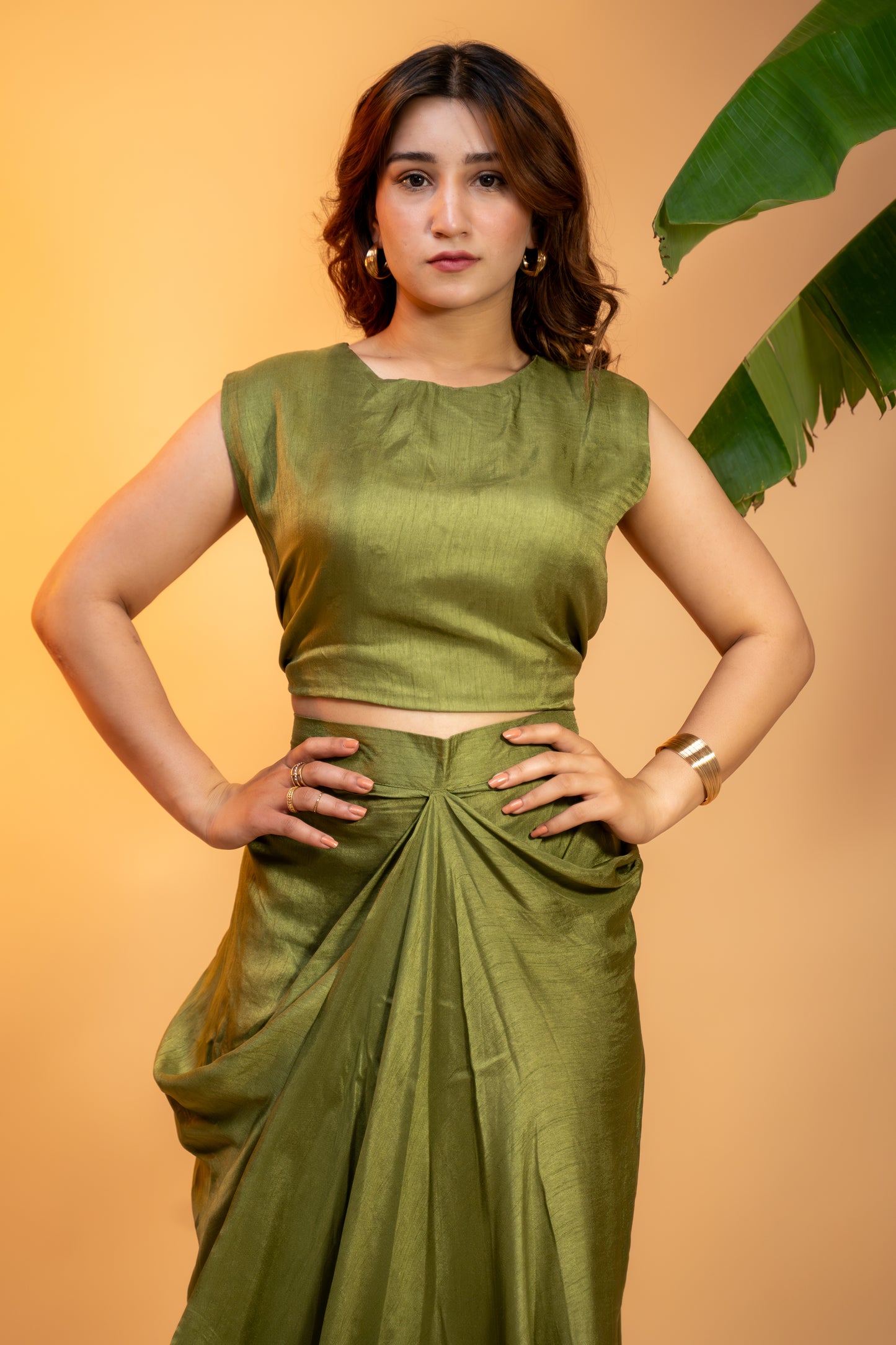 Olive Bloom Drape Set – Georgette Top & Silk Skirt