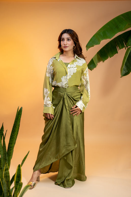 Olive Bloom Drape Set – Georgette Top & Silk Skirt