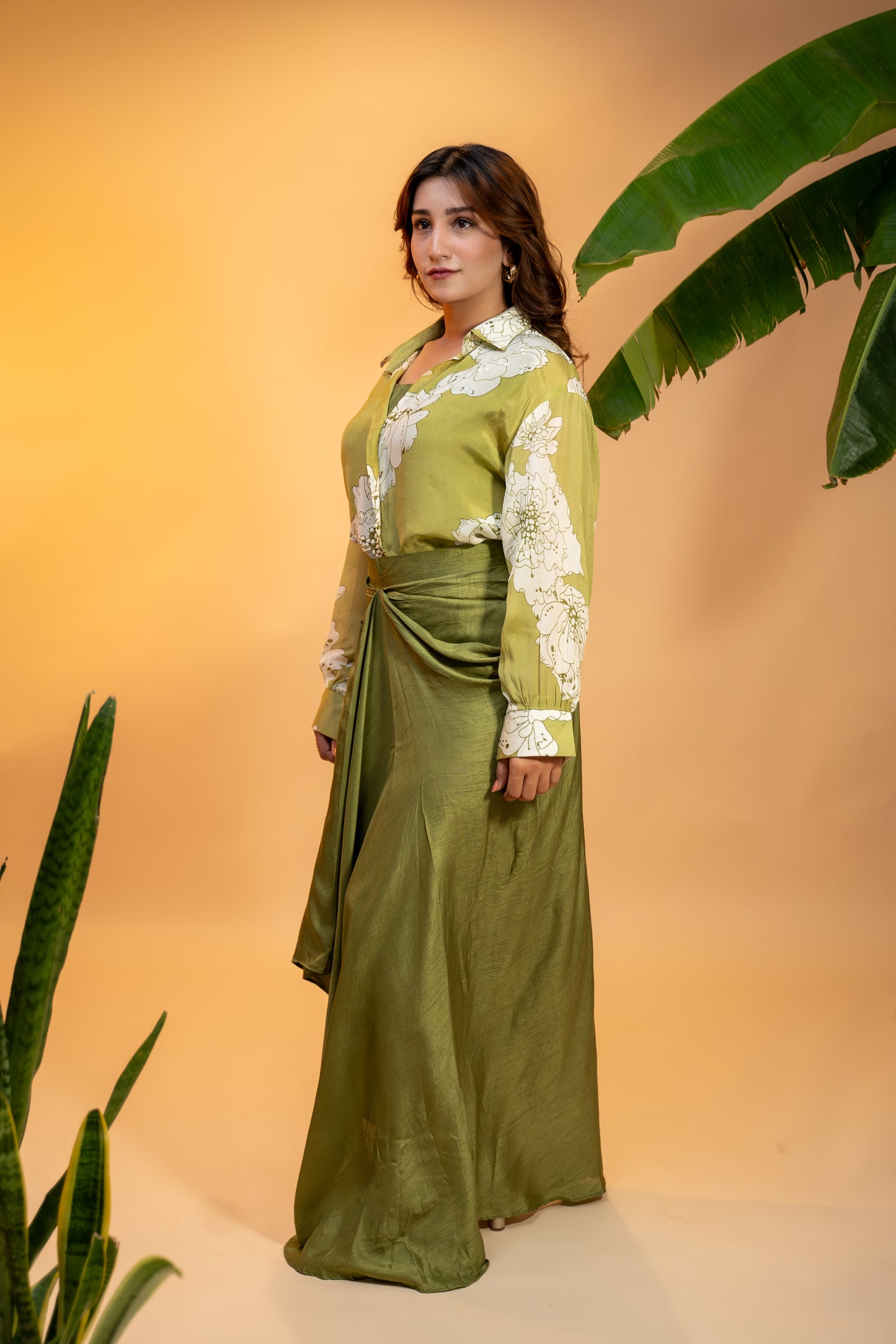 Olive Bloom Drape Set – Georgette Top & Silk Skirt
