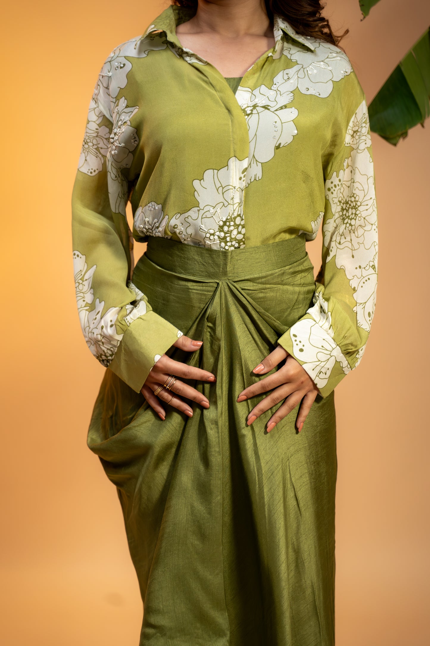 Olive Bloom Drape Set – Georgette Top & Silk Skirt