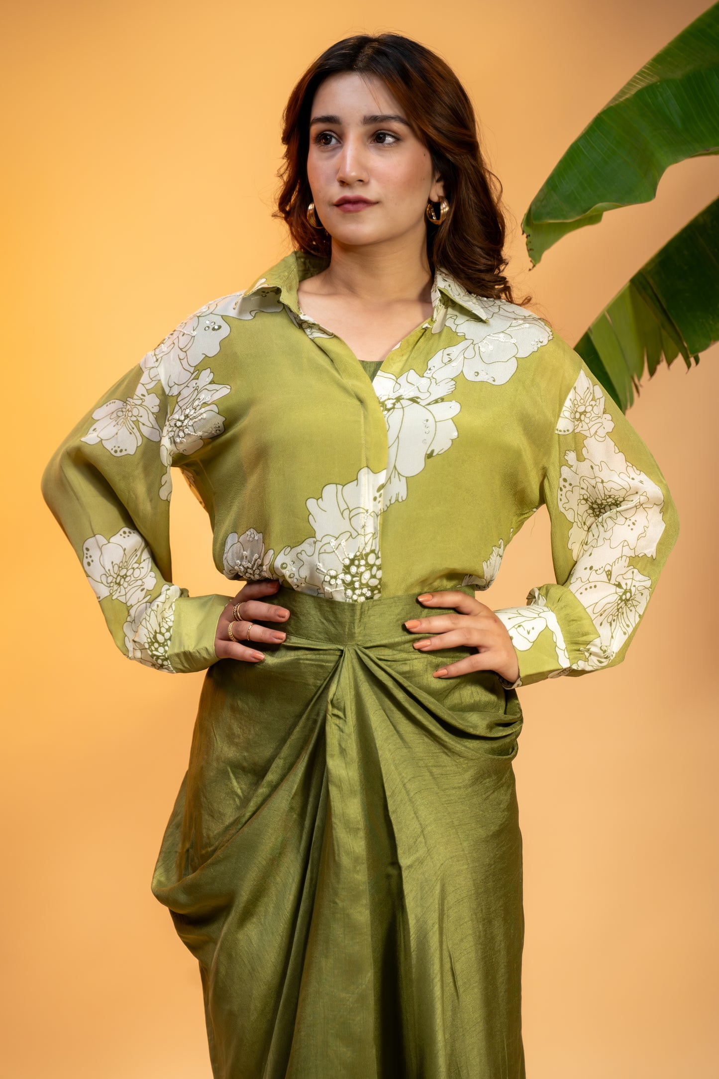 Olive Bloom Drape Set – Georgette Top & Silk Skirt
