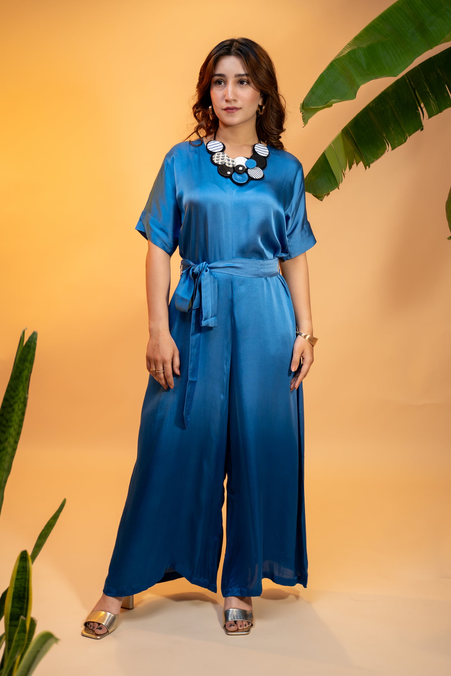 Crepe Satin Jumpsuit with Statement Neckpiece