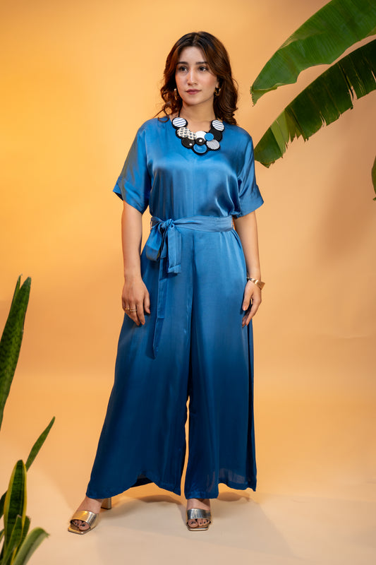 Crepe Satin Jumpsuit with Statement Neckpiece