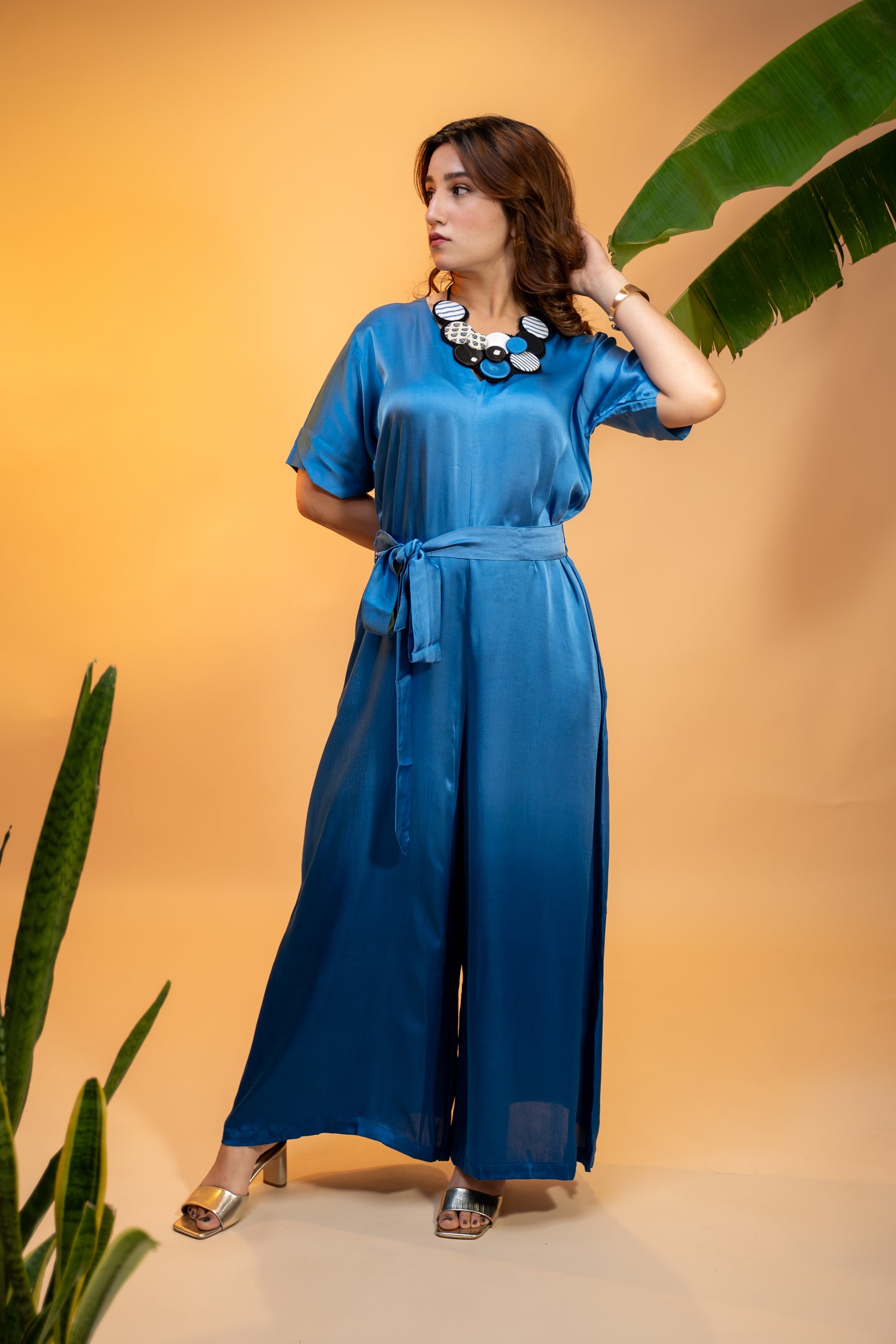 Crepe Satin Jumpsuit with Statement Neckpiece