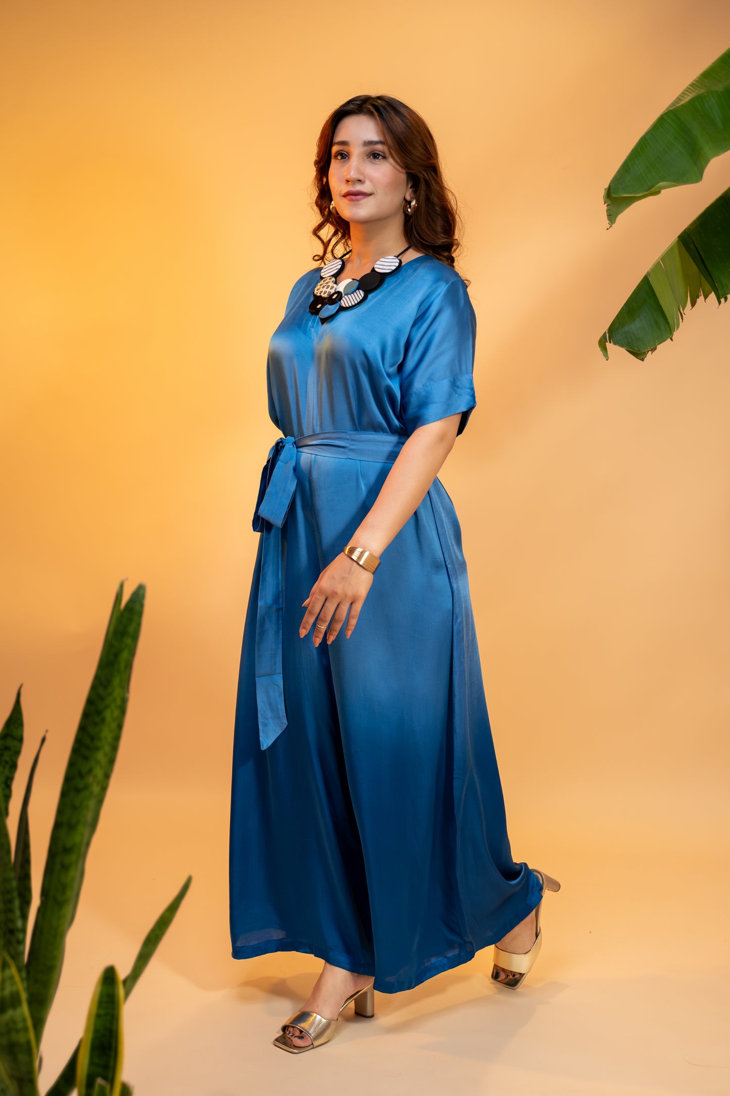 Crepe Satin Jumpsuit with Statement Neckpiece