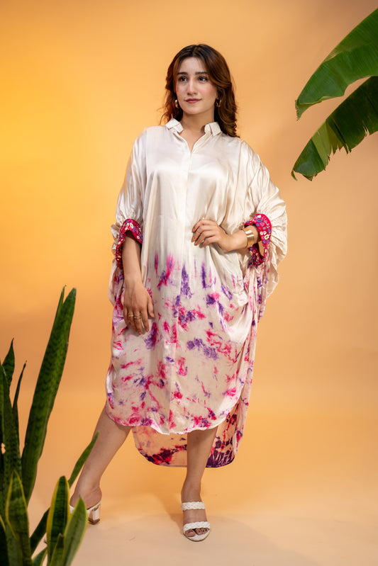Floral Printed Italian Satin Kaftan Dress
