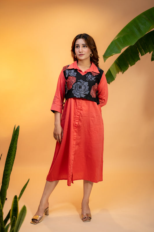 Cotton Dress with Embroidered Vest