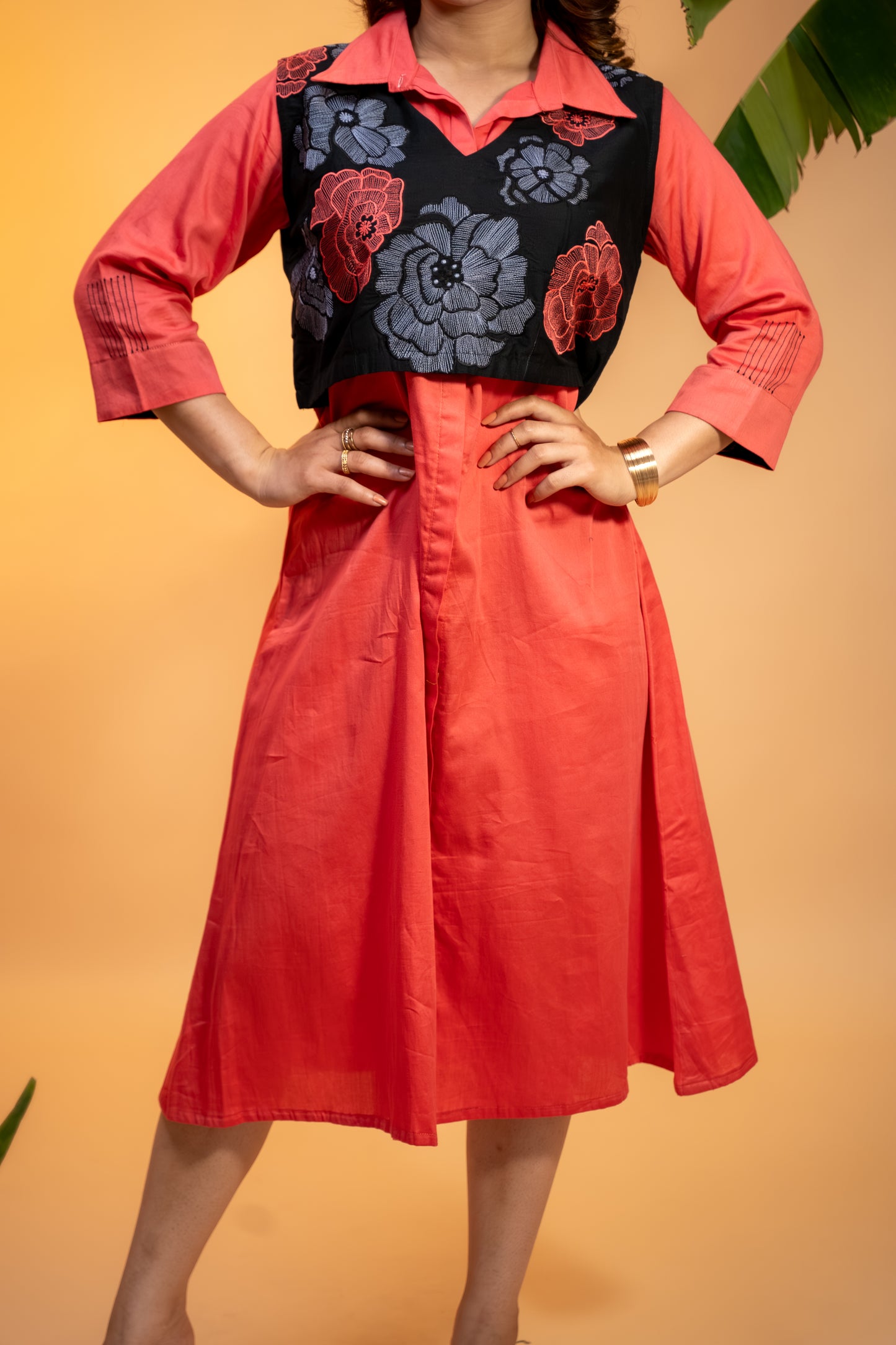 Cotton Dress with Embroidered Vest