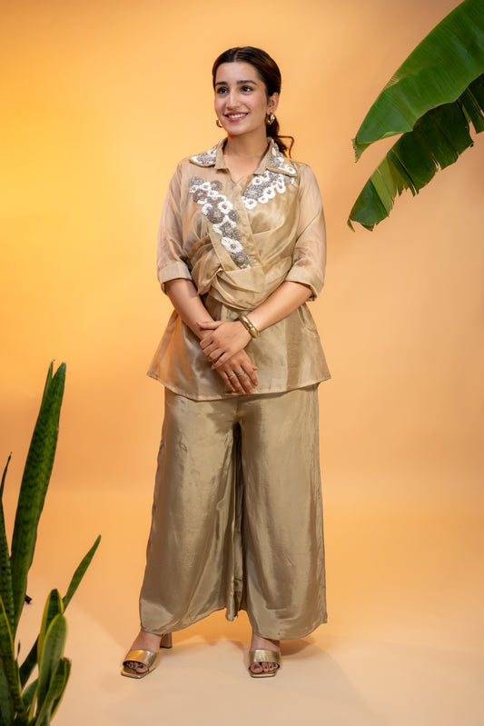 Champagne Organza Hand-Embroidered Top with Satin Parallel Pants