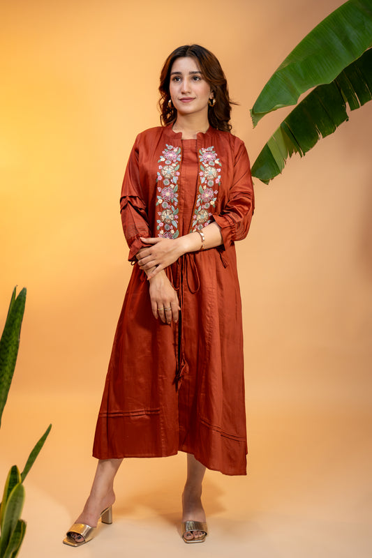 Rust Lurex Cotton Hand-Embroidered Jacket Set