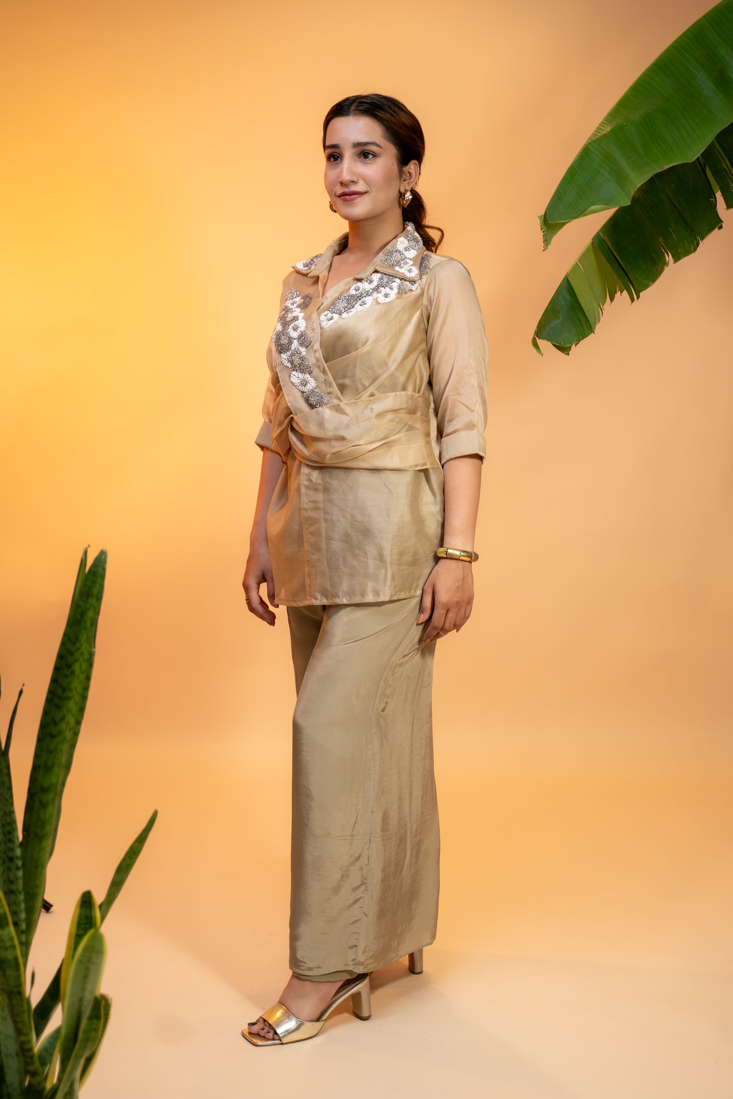 Champagne Organza Hand-Embroidered Top with Satin Parallel Pants