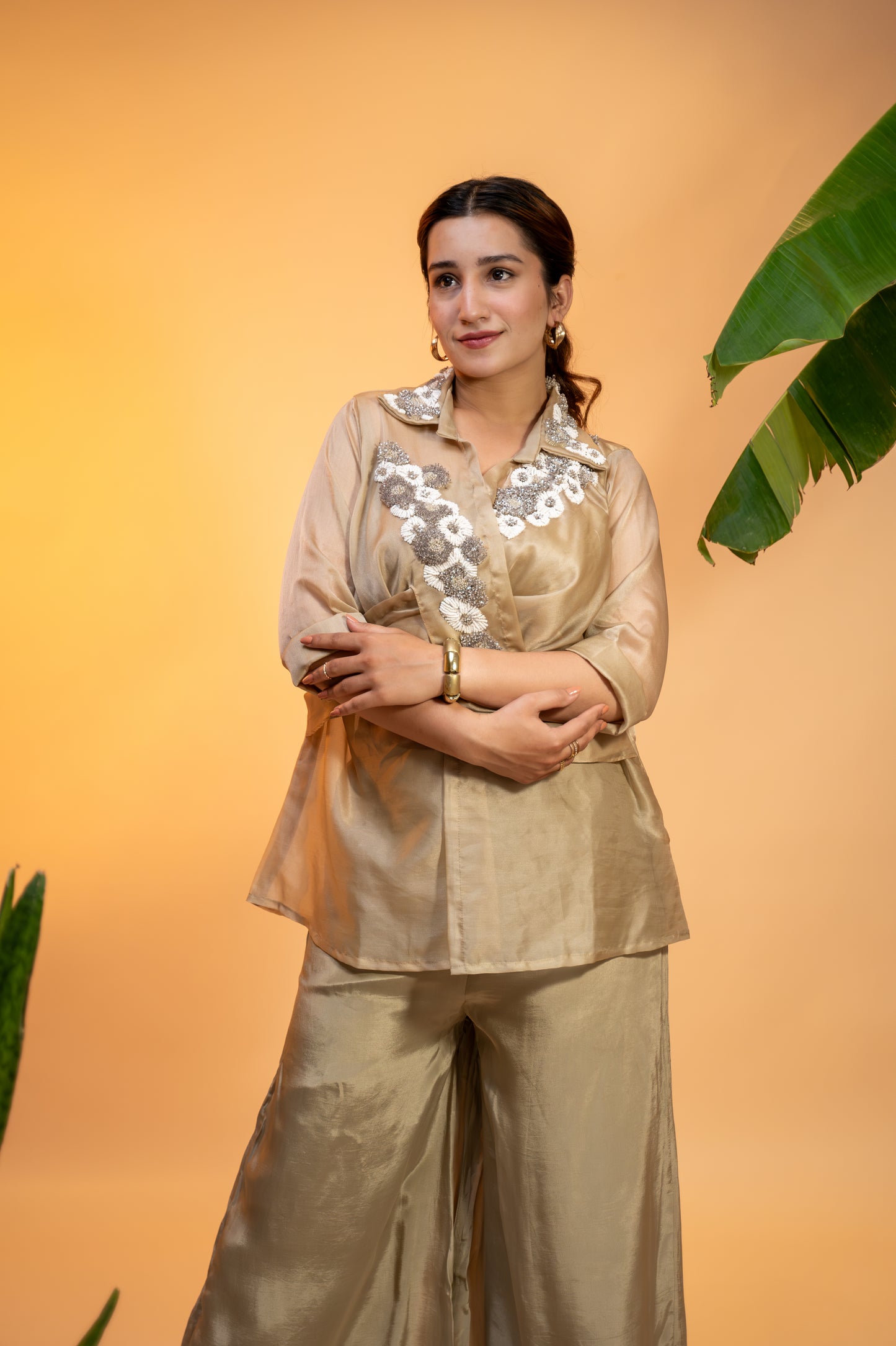 Champagne Organza Hand-Embroidered Top with Satin Parallel Pants