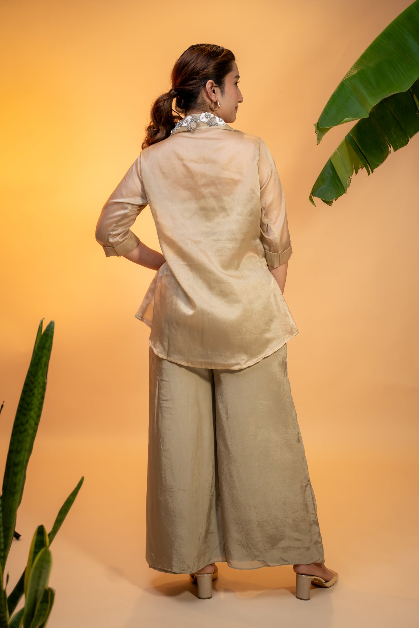 Champagne Organza Hand-Embroidered Top with Satin Parallel Pants